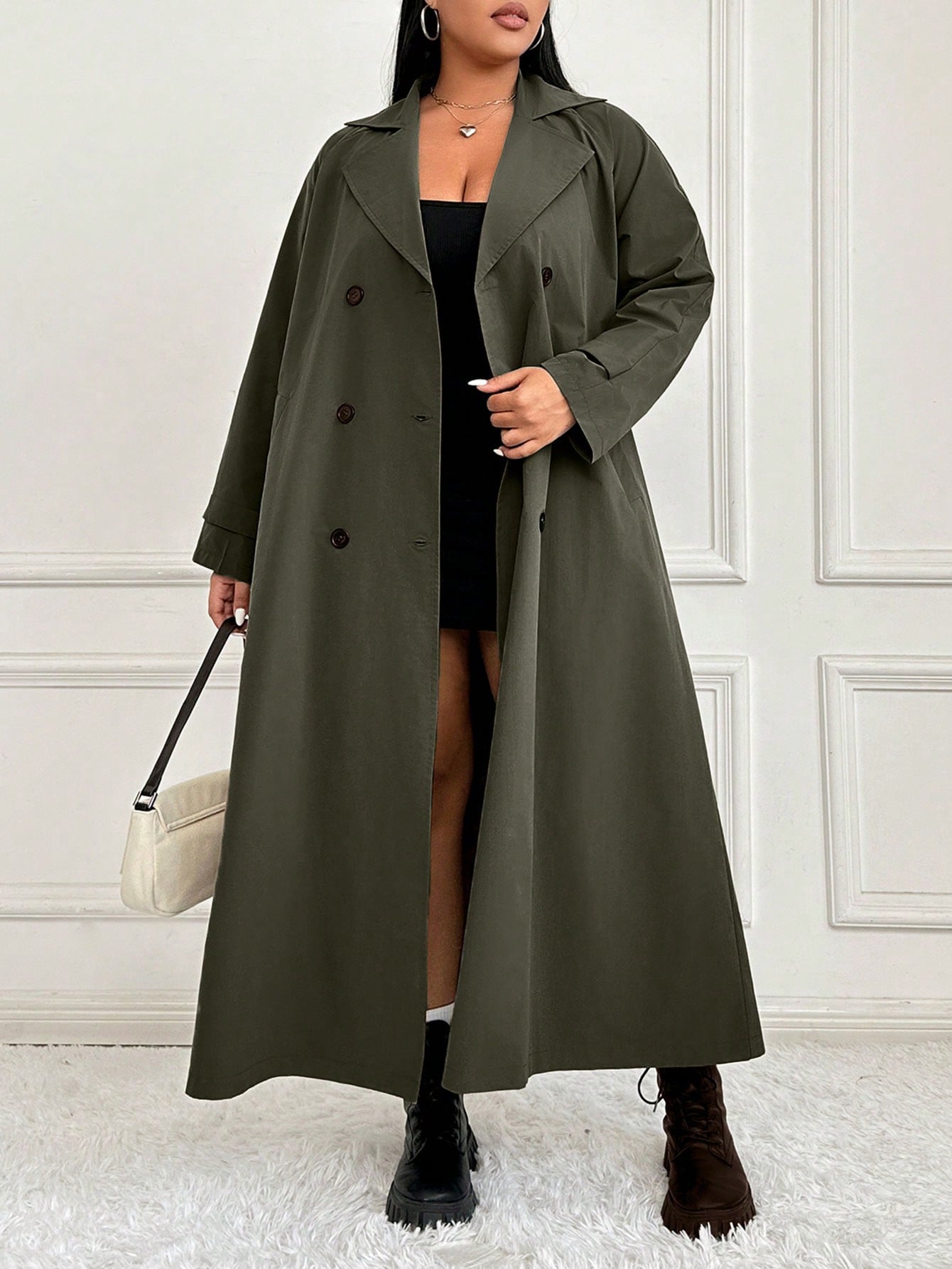 Plus Size Turn-Down Collar Double Breasted Belted Trench Coat Jacket