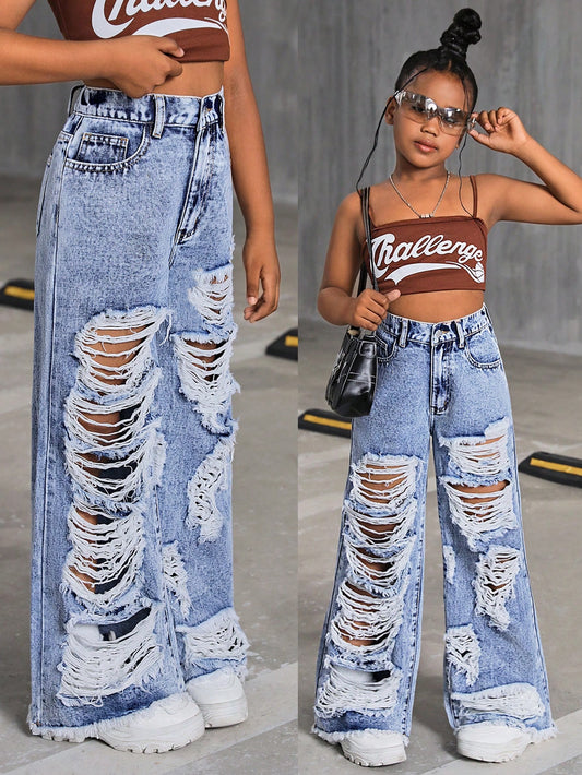 Tween Girls Y2K Trending Vintage Stonewashed Ripped Raw Hem Baggy Wide Leg Jeans,Girls Summer Clothes Back To School Streetwear Outfits