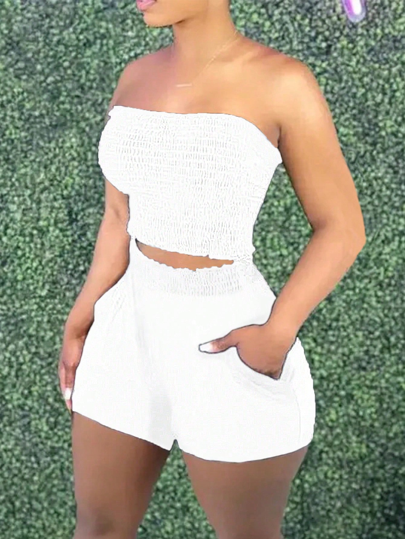 Women Solid Strapless Shirred Top & Pocket Shorts Two-Piece Outfits