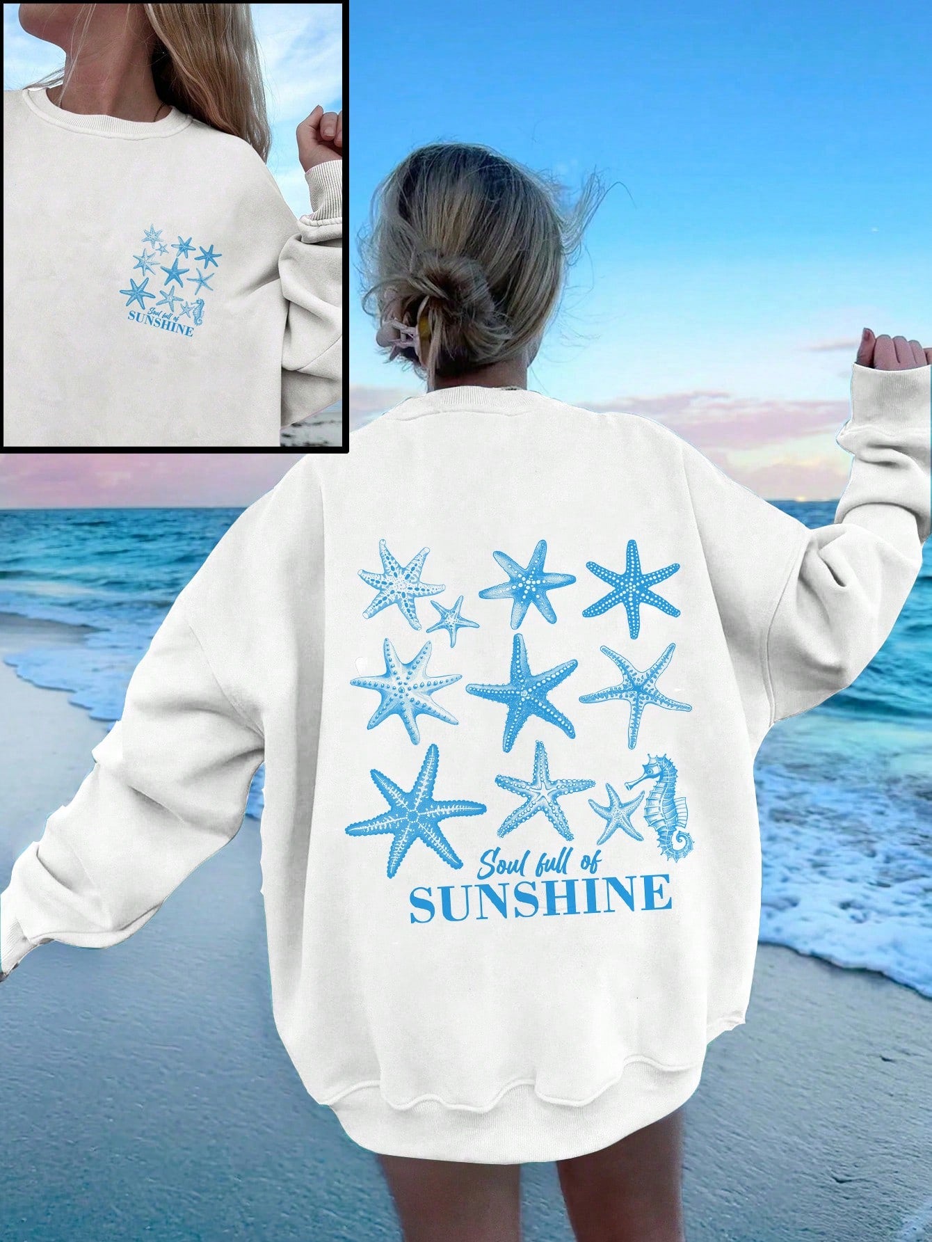 Casual Minimalist Blue Seahorse & Starfish Printed White Loose Fit Sweatshirt For Women, Suitable For Vacation