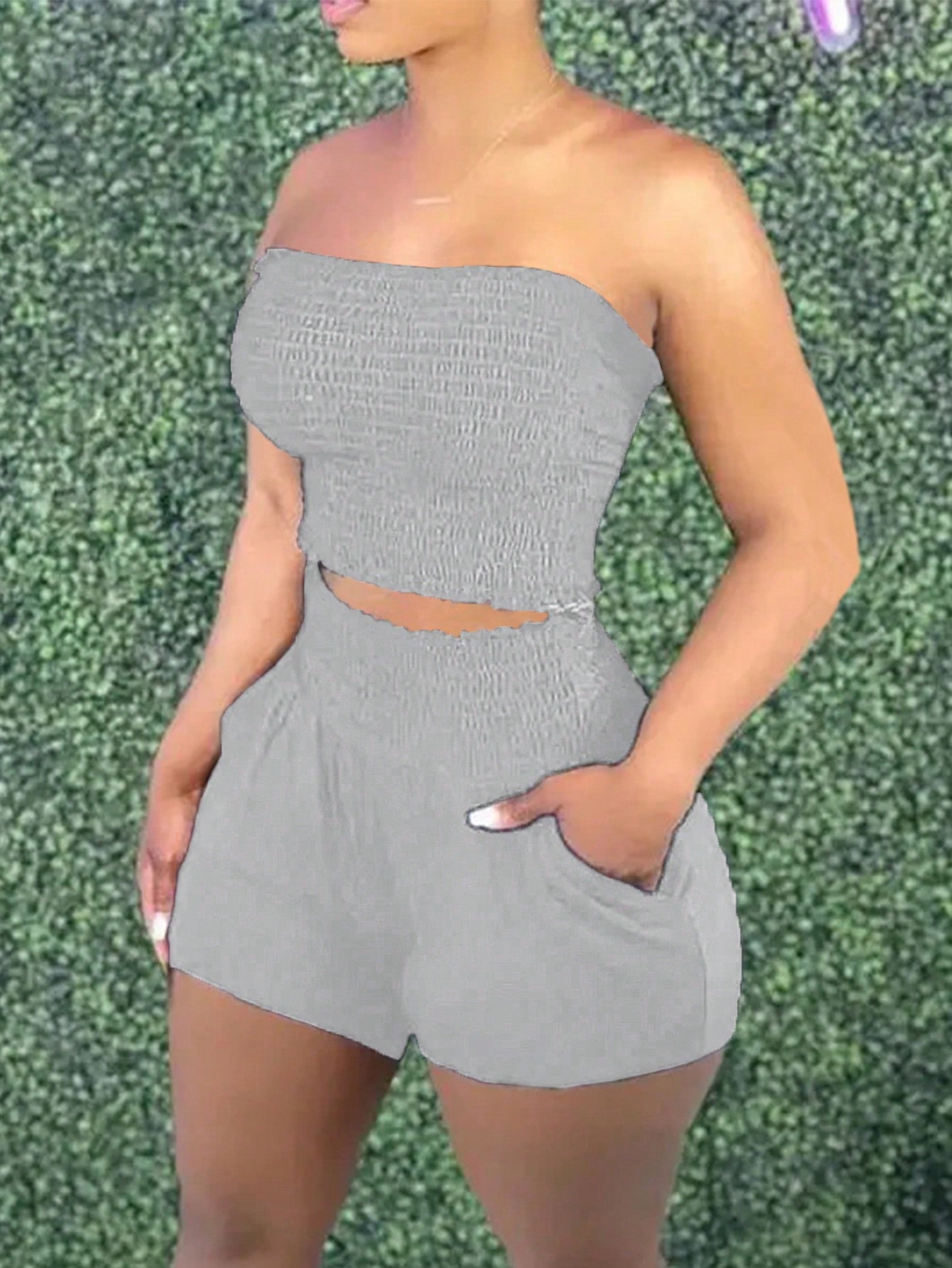 Women Solid Strapless Shirred Top & Pocket Shorts Two-Piece Outfits