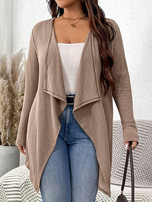 Huafu Ge Plus Size Solid Knit Asymmetrical Hem Long Sleeve Cardigan