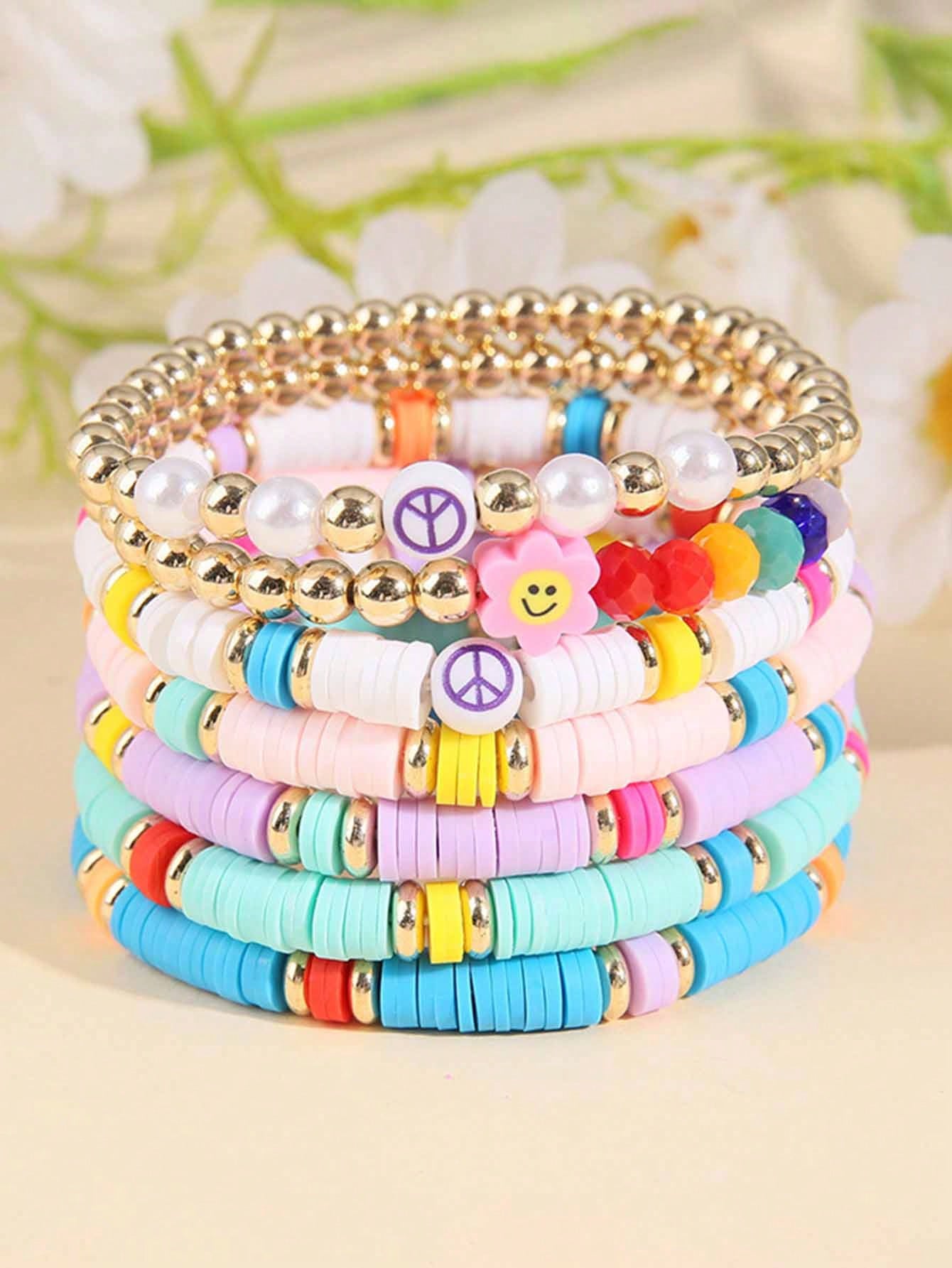 7pcs/Set Boho Style Rainbow Seed Bead, Heart & Smile Face Soft Clay Bracelets For Girls, Daily & Back To School Wear