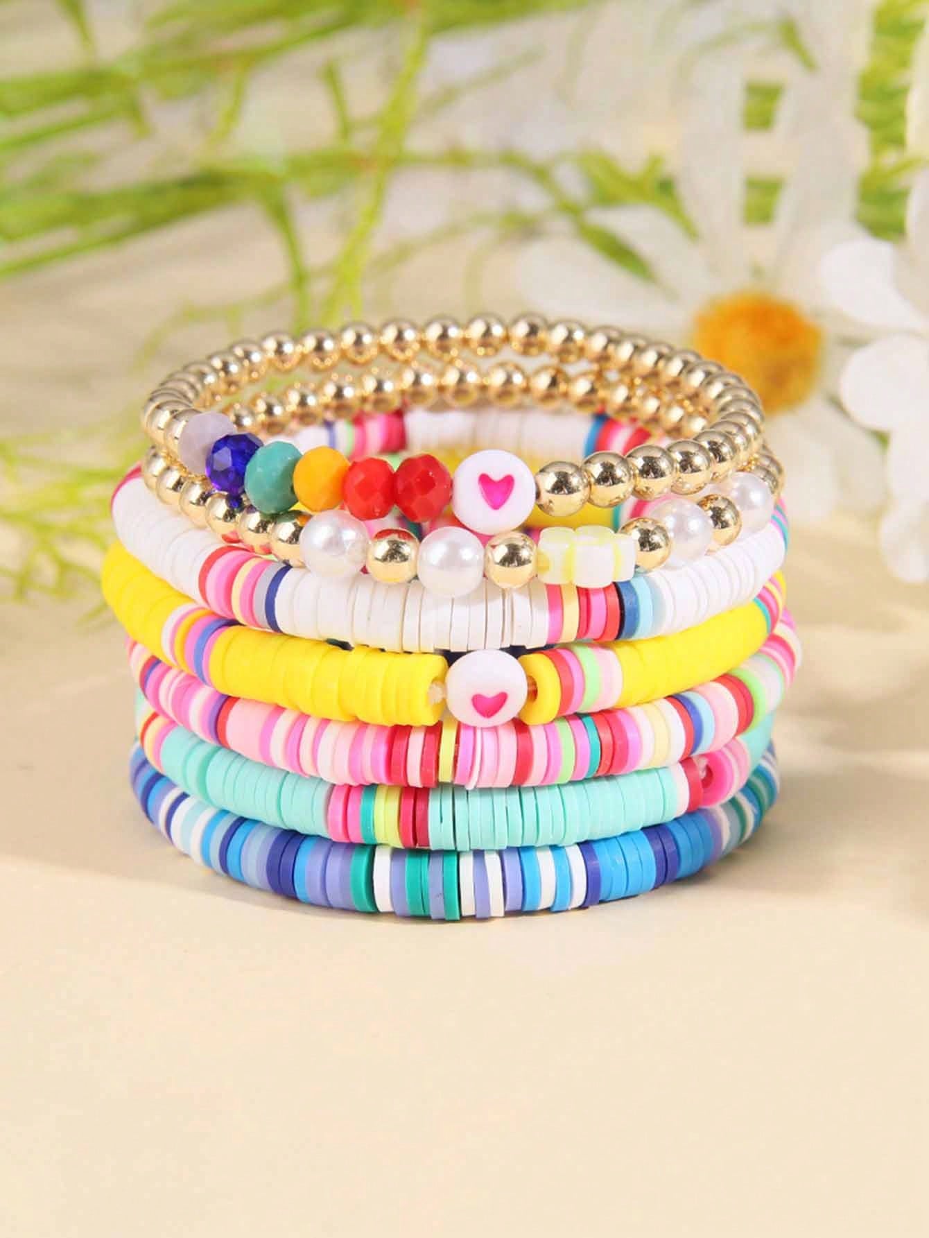 7pcs/Set Boho Style Rainbow Seed Bead, Heart & Smile Face Soft Clay Bracelets For Girls, Daily & Back To School Wear