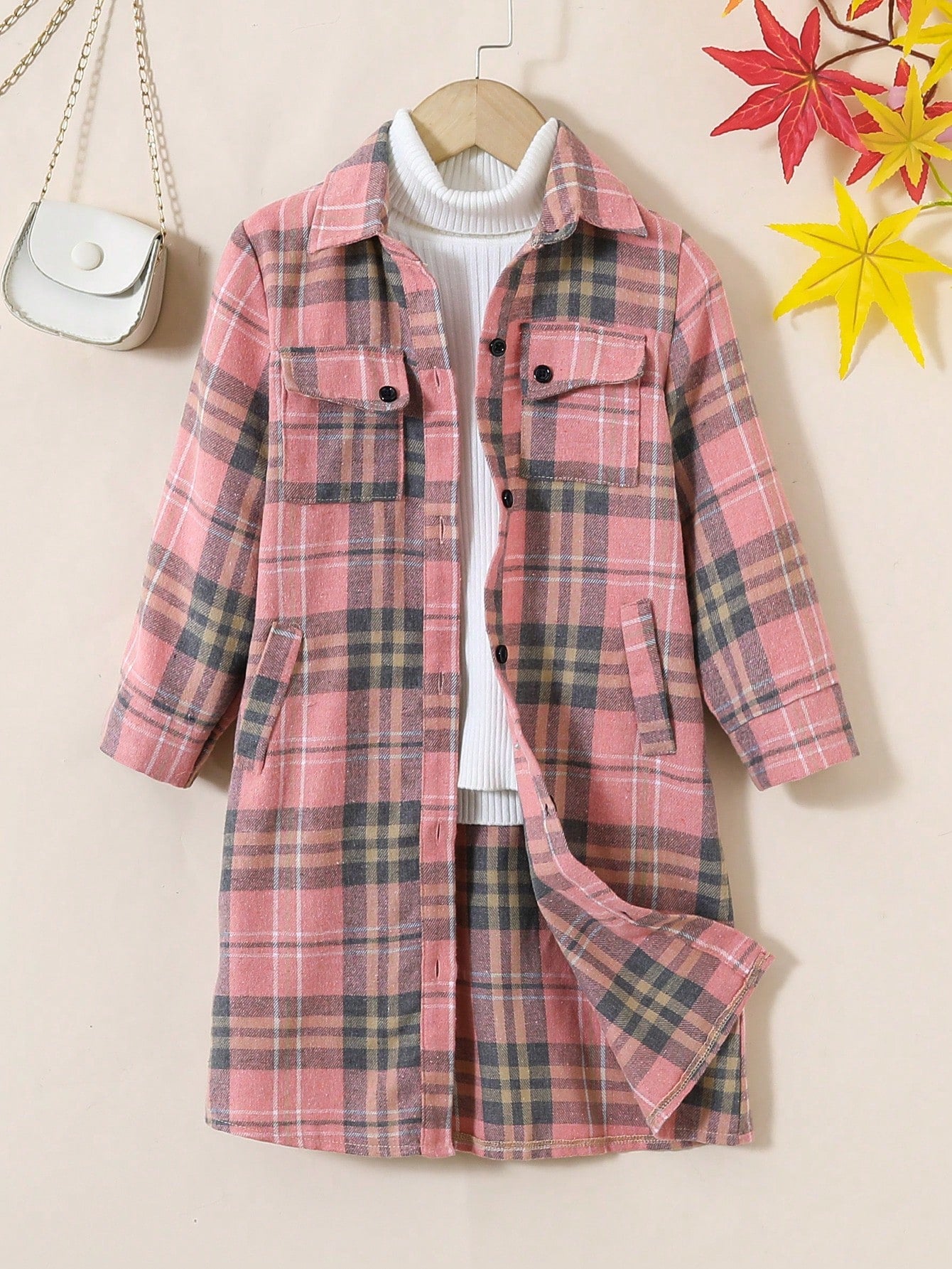 Young Girl's Casual Plaid Print Cargo Pocket Long Sleeve Jacket