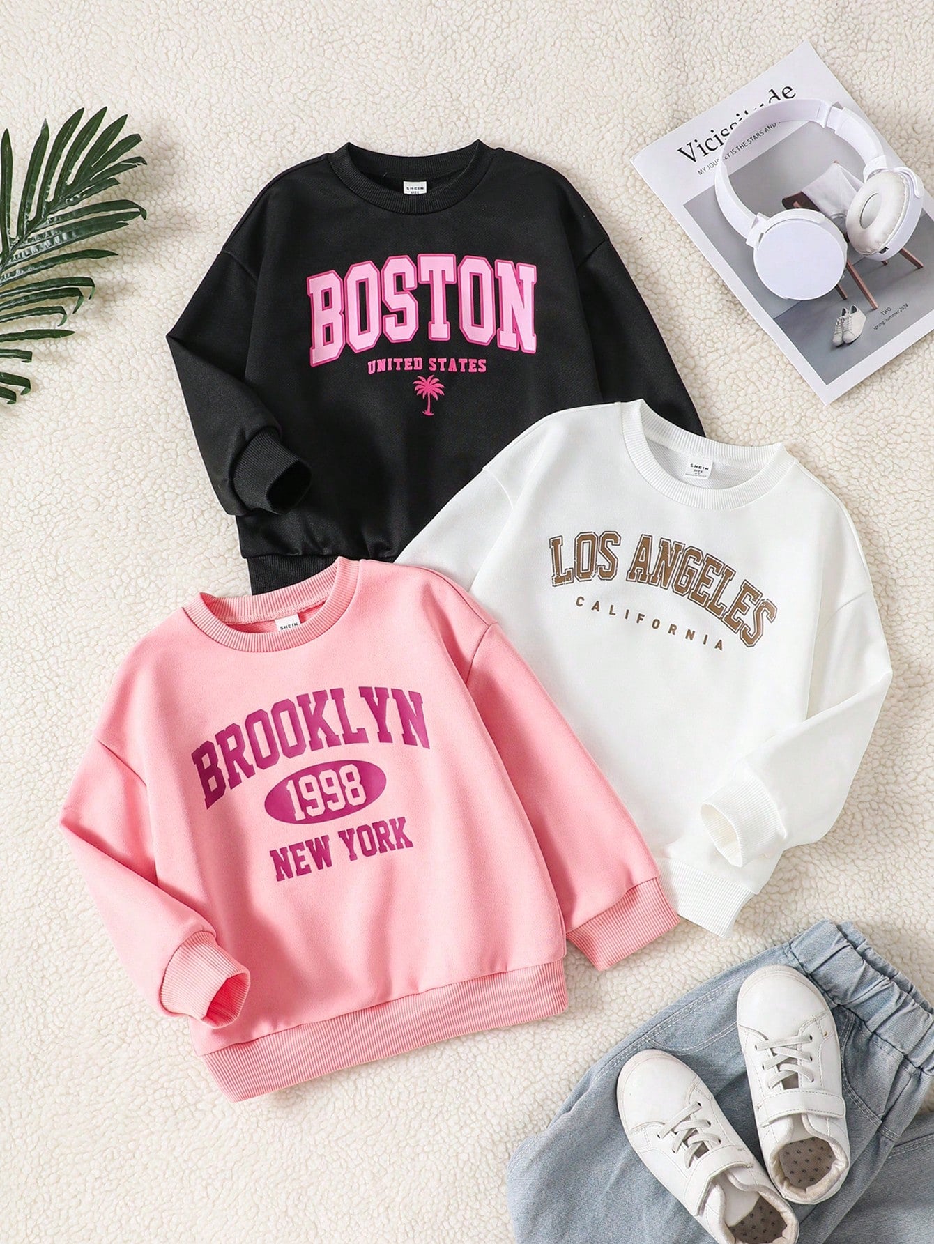 Young Girl Knitted Monochrome Letter Print Loose Casual Sweatshirt Three-Piece Set