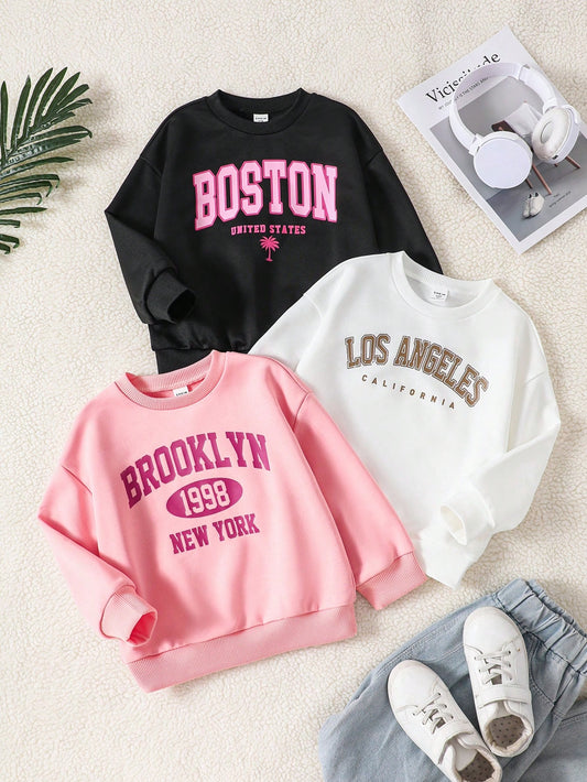 Young Girl Knitted Monochrome Letter Print Loose Casual Sweatshirt Three-Piece Set