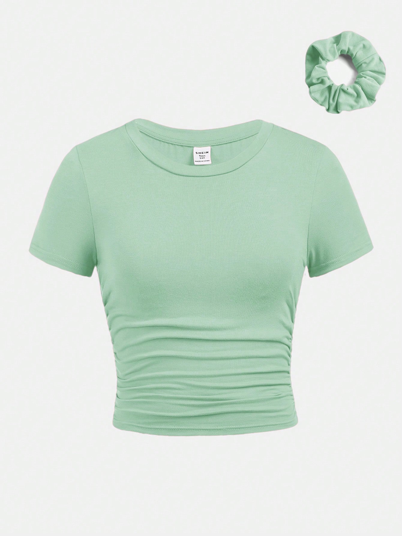 Tween Girl Slim Fit Casual Round Neck Short Sleeve T-Shirt With Side Pleats And Hair Tie
