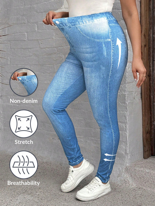 Plus Size Casual Stretchy Skinny Leggings With Faux Denim Print