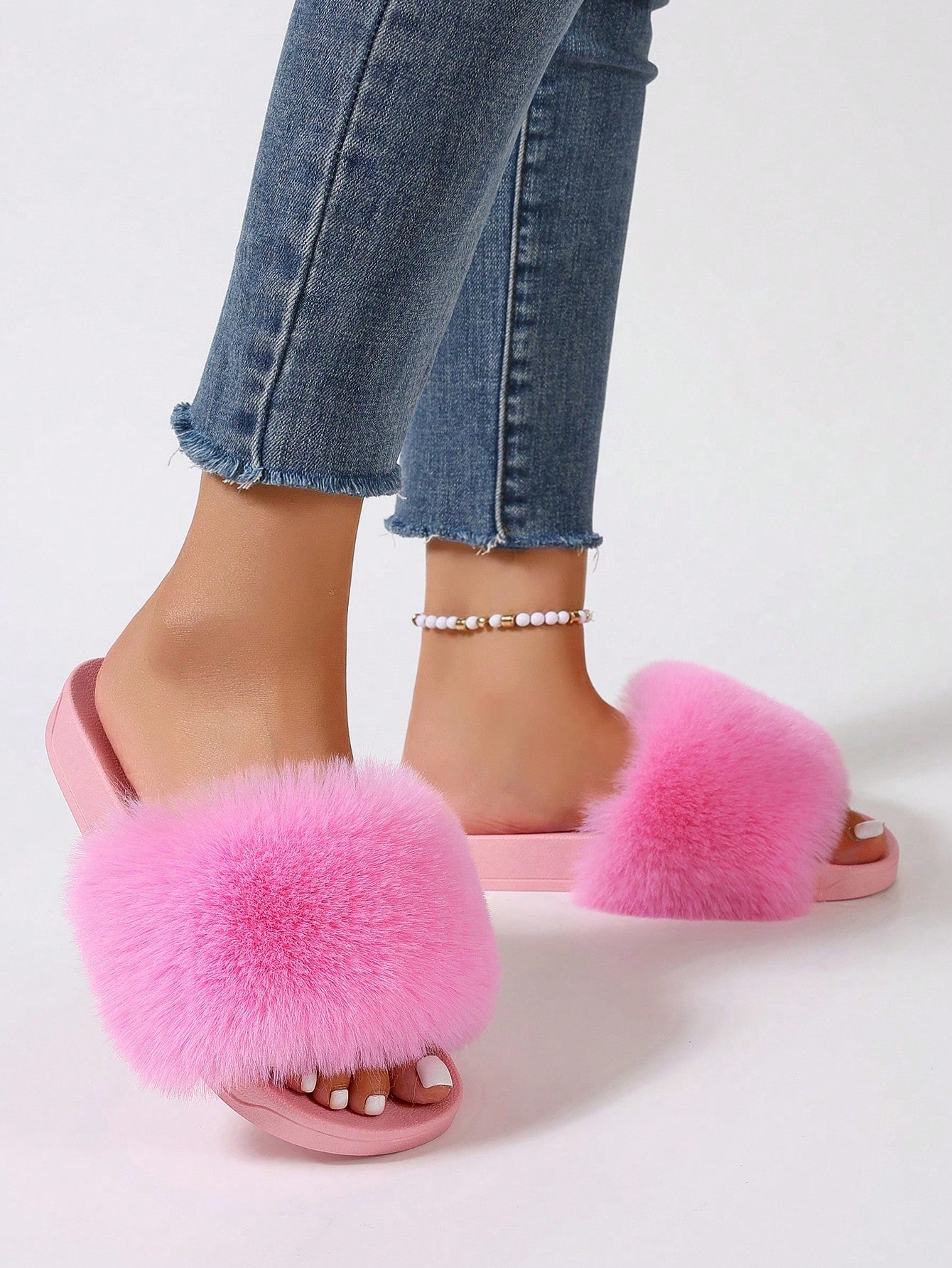 New Dopamine Colored Flat Slip-On Slippers, Faux Fur Slides, Furry Sandals, Non-Slip Casual Women's Slippers