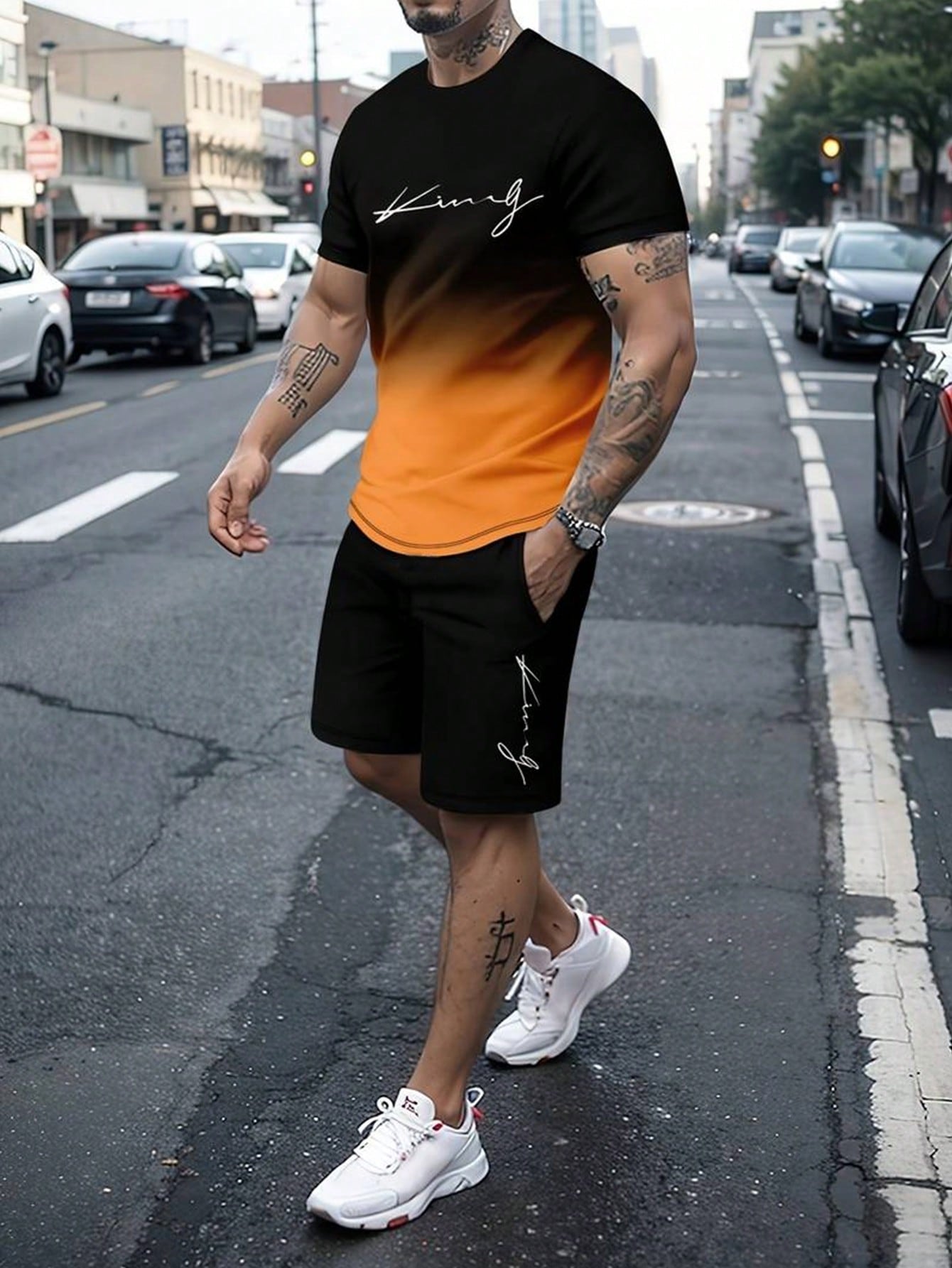 Men's Summer Letter Print Round Neck Short Sleeve T-Shirt And Drawstring Waist Shorts Set