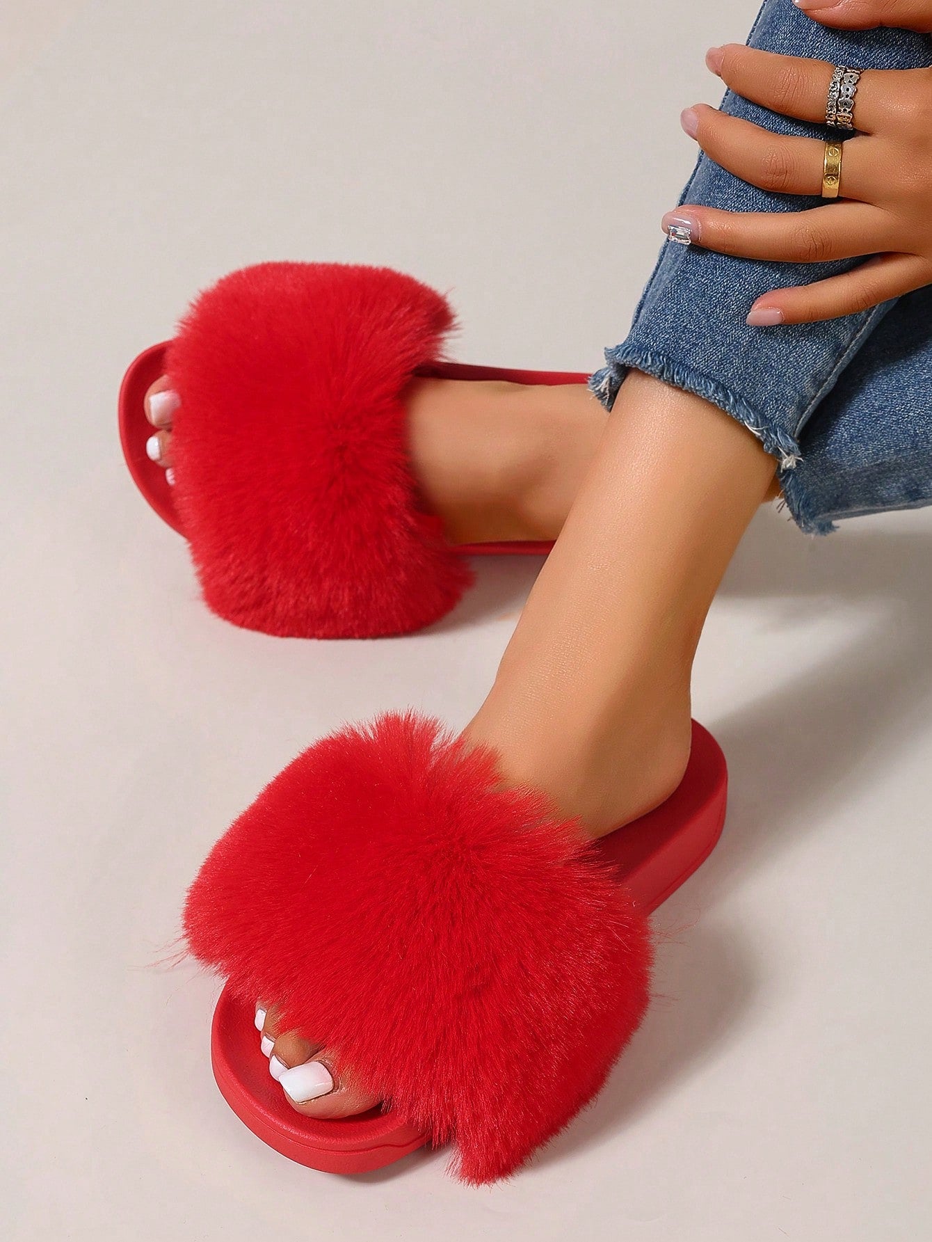 New Dopamine Colored Flat Slip-On Slippers, Faux Fur Slides, Furry Sandals, Non-Slip Casual Women's Slippers