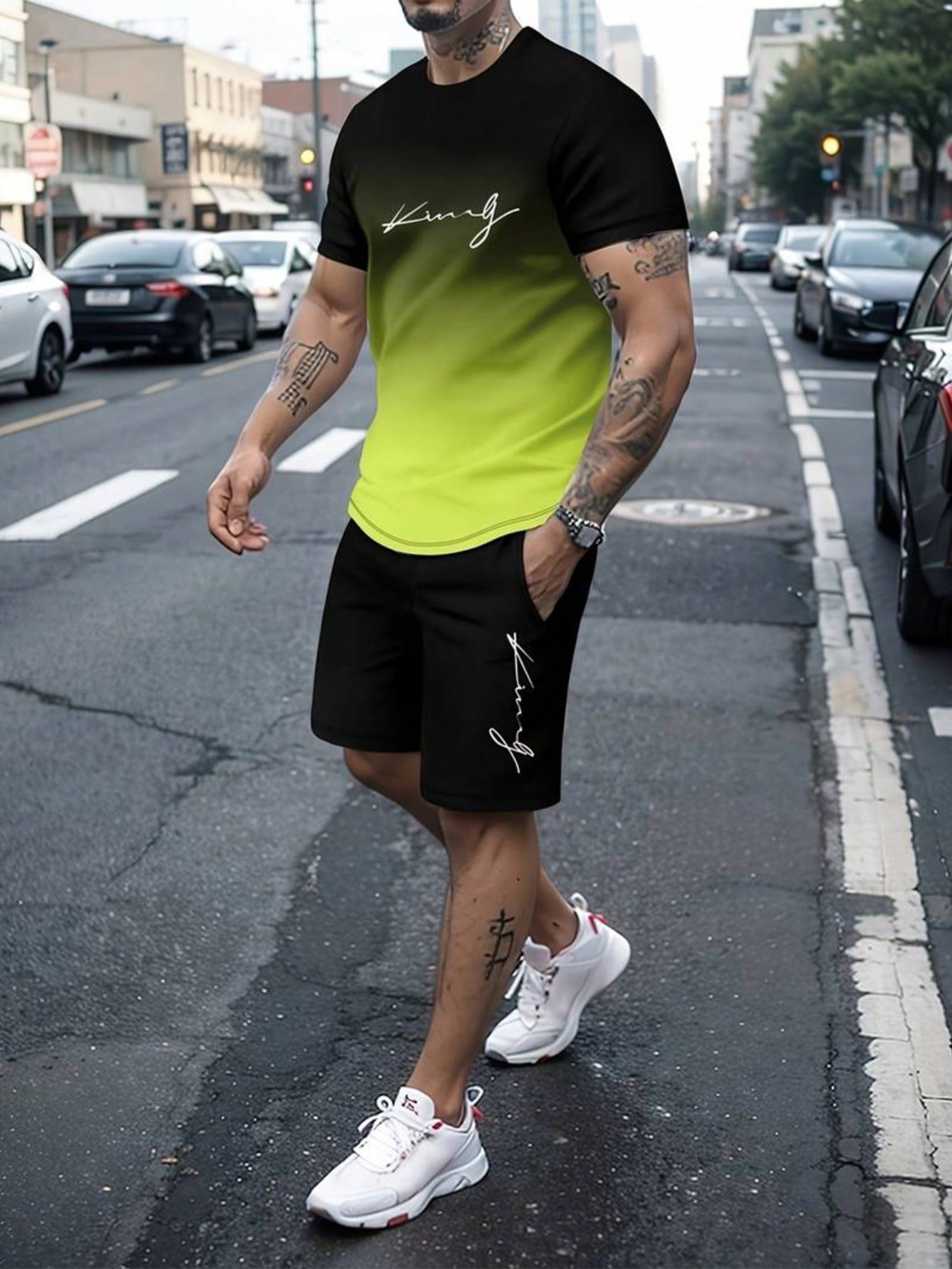 Men's Summer Letter Print Round Neck Short Sleeve T-Shirt And Drawstring Waist Shorts Set