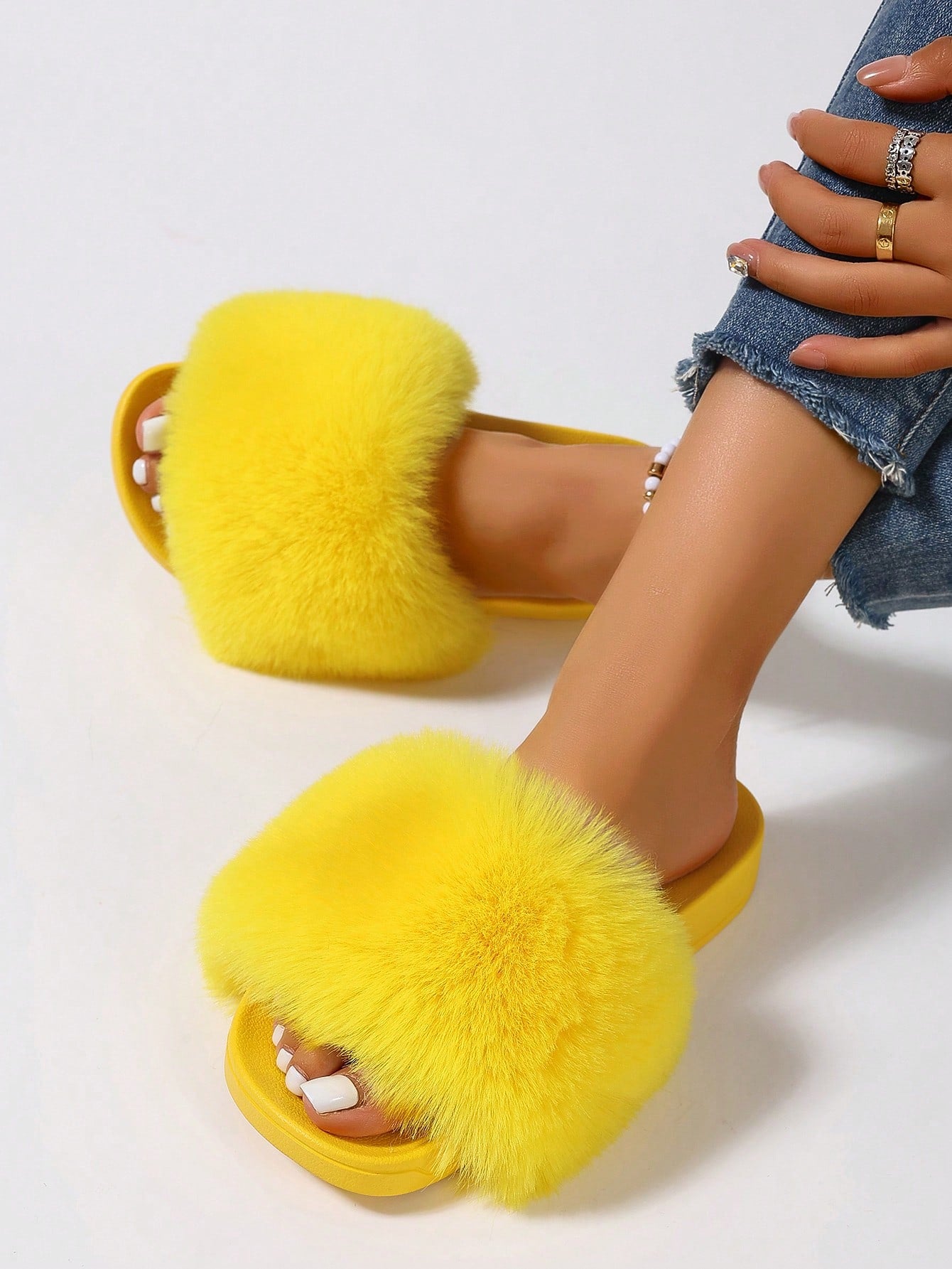 New Dopamine Colored Flat Slip-On Slippers, Faux Fur Slides, Furry Sandals, Non-Slip Casual Women's Slippers