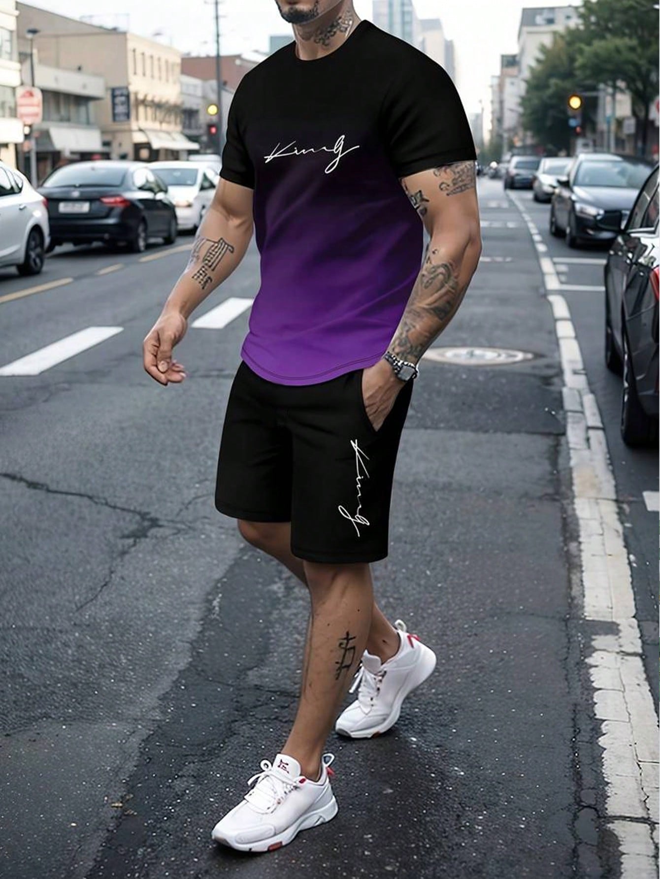 Men's Summer Letter Print Round Neck Short Sleeve T-Shirt And Drawstring Waist Shorts Set