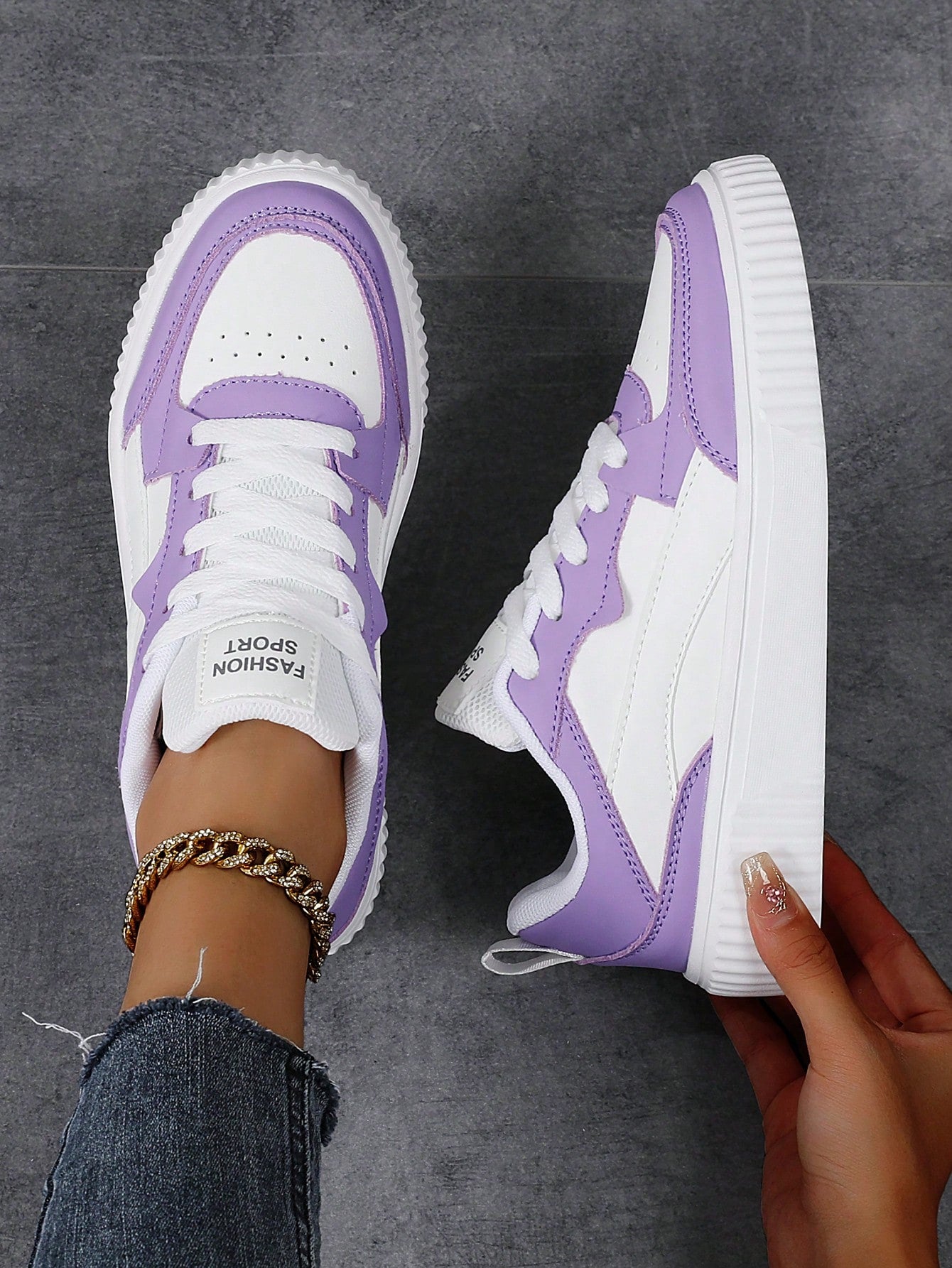 Women's Casual Sports Shoes Color Block Sneakers, Popular Purple Shoes For Campus And Sports Comfortable Breathable