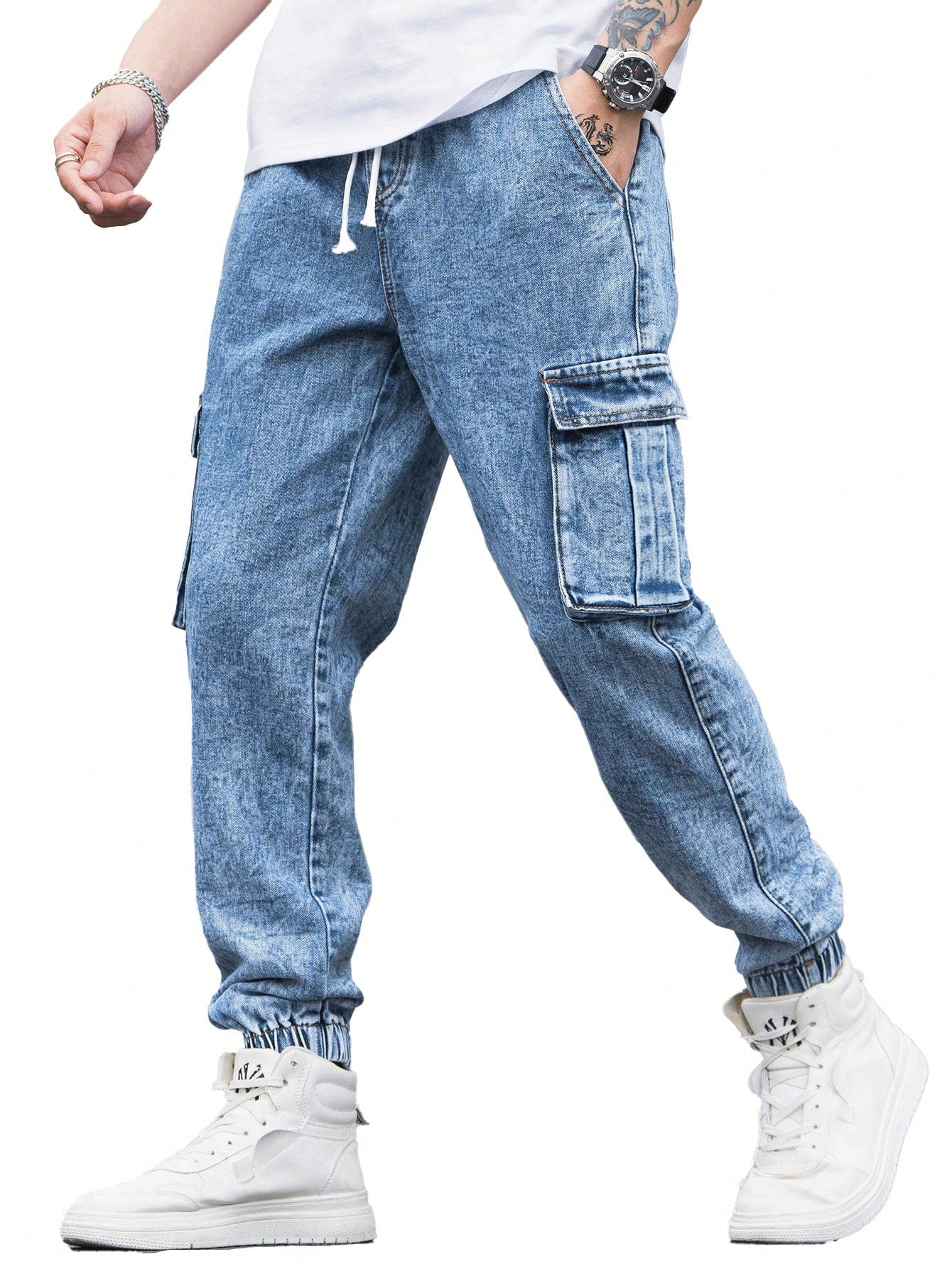 Teenage Boys' Casual Mid-Waist Slim Fit Denim Jogger Pants