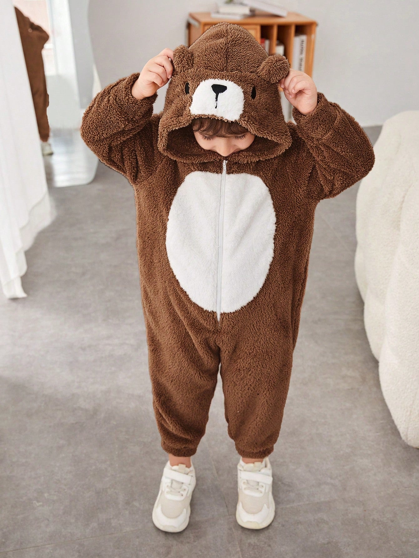 Cute Loose Comfortable Embroidered 3D Animal Design Fleece Jumpsuit For Young Boys