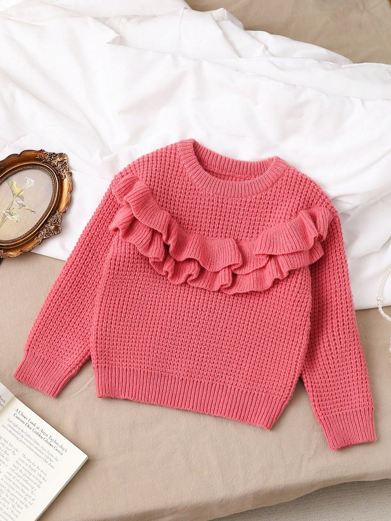 Young Girls' Solid Pink Cozy  Vintage Ruffled Hem Knit Sweater, Suitable For Everyday, School, Casual, Party, Autumn/Winter