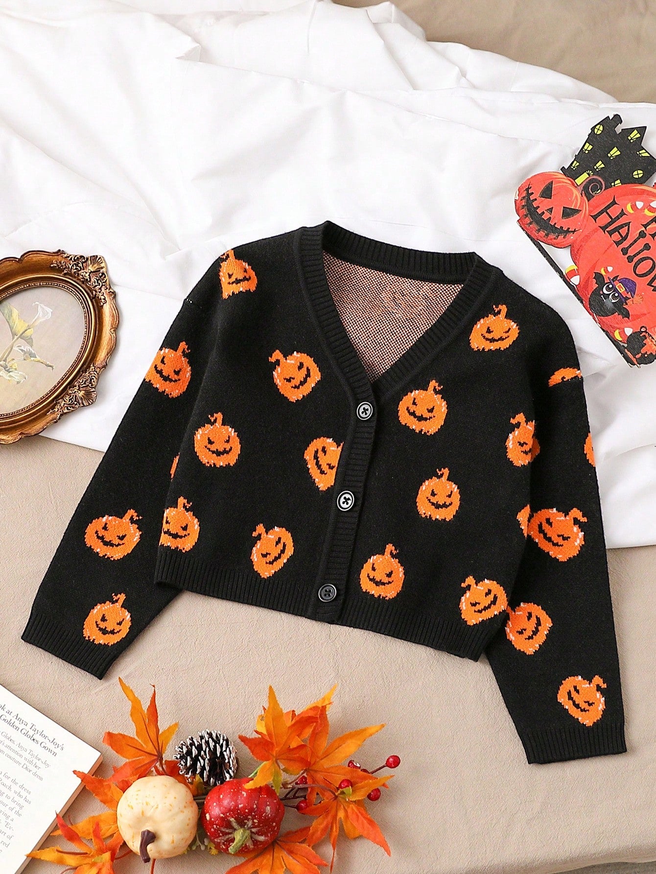 Girls' Casual Pumpkin Cartoon Pattern Knitted Cardigan, Soft & Warm, Fits For Daily Wear, Party And Autumn/Winter