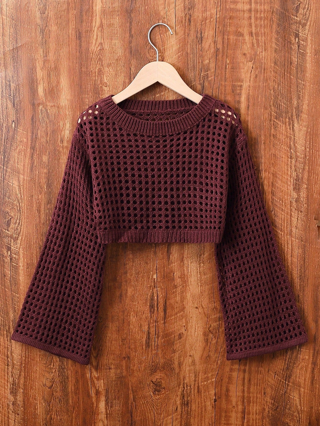 Tween Girl Solid Color Round Neck Long Sleeve Cropped Sweater With Hollow Out Design, Spring/Summer