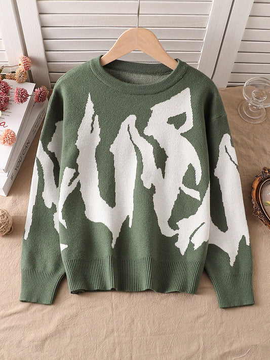 Tween Boys Letter Print Crew Neck Casual Sweater