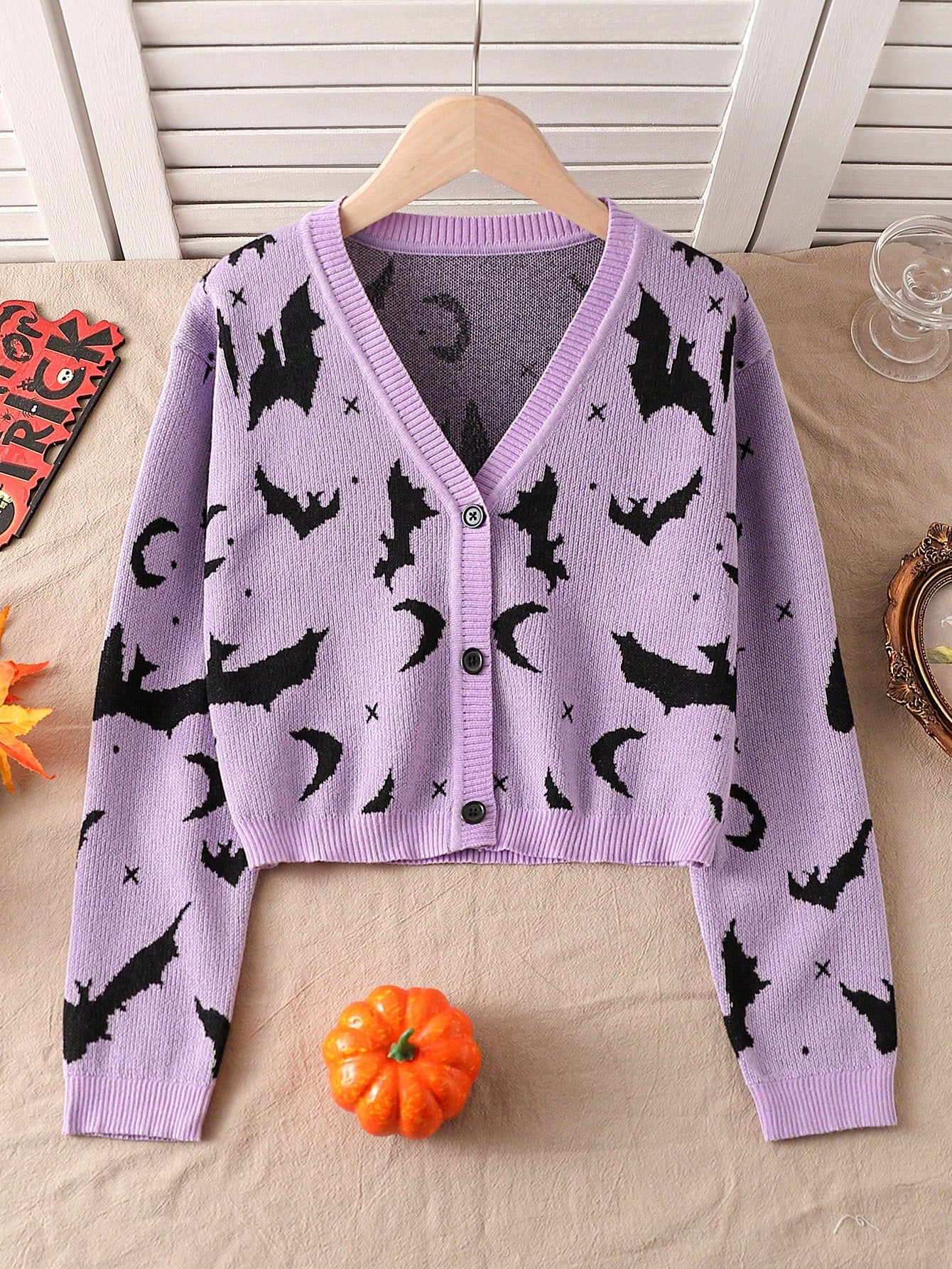 Girls' Fashionable Bat Print Cropped Knit Cardigan, Suitable For Daily Wear, Streetwear, Halloween, Autumn & Winter