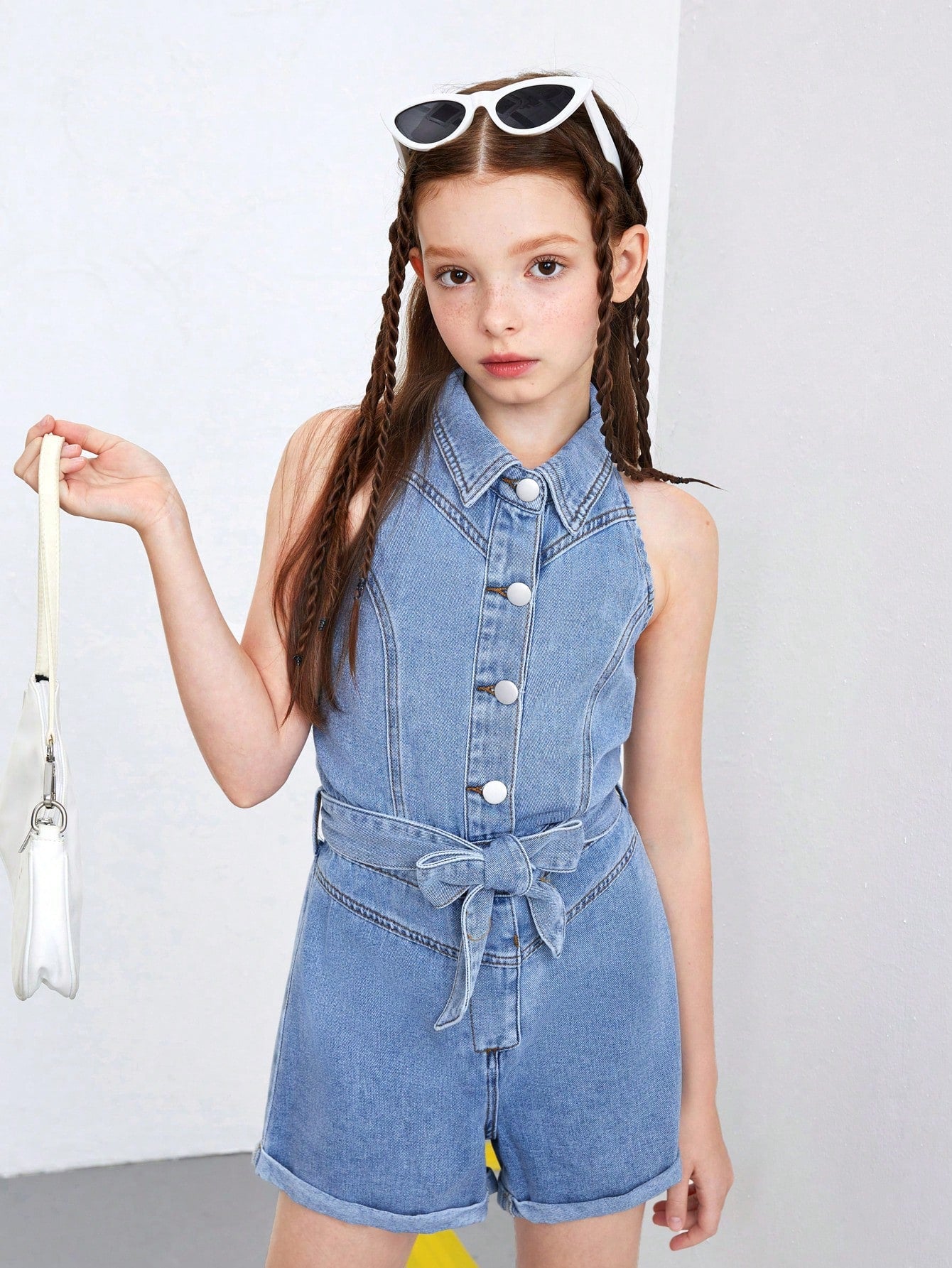 Tween Girls' Sleeveless Button-Half Placket Casual Denim Jumpsuit, Summer