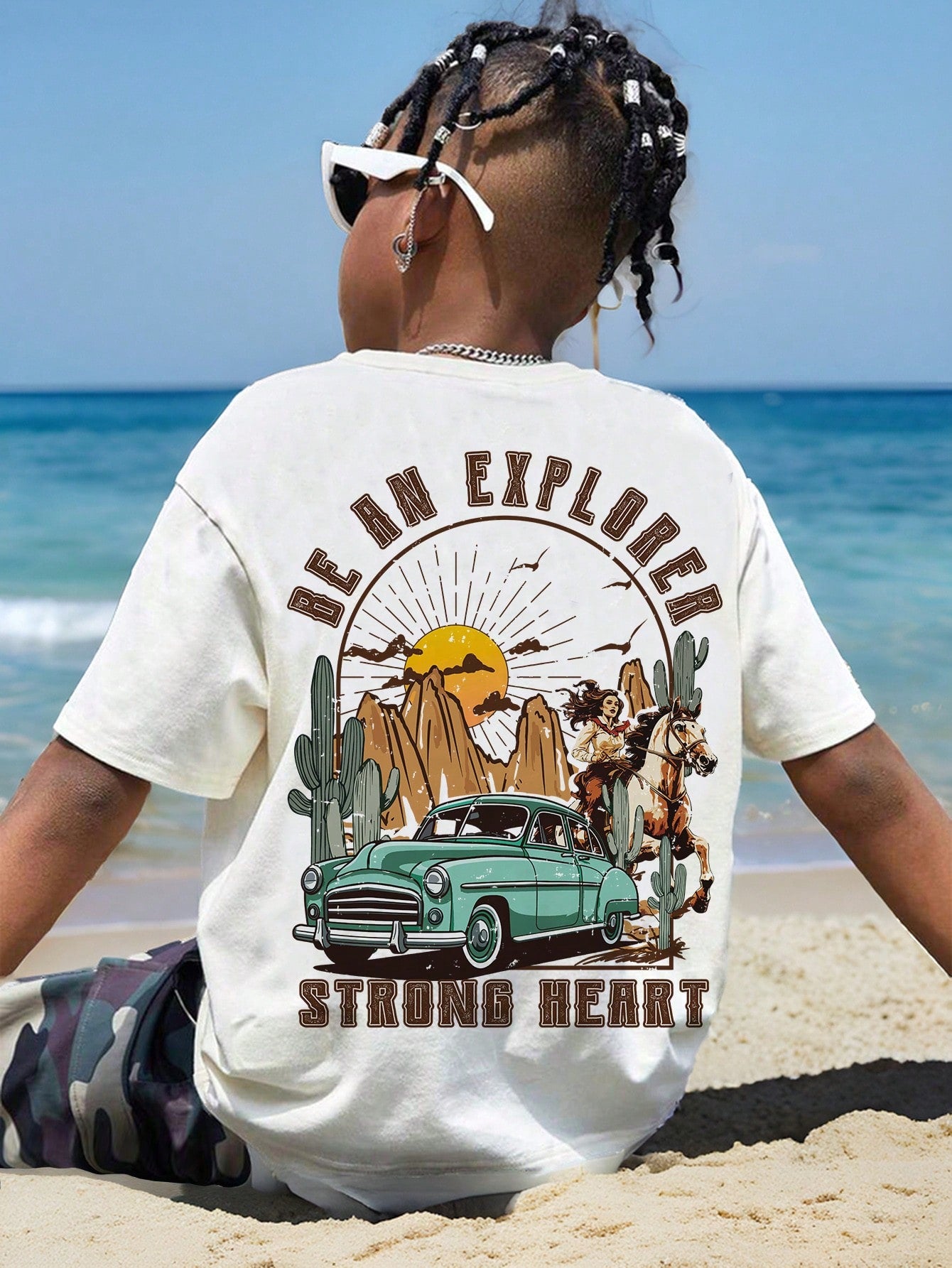 Tween Boy Vintage Car Printed Short Sleeve Round Neck T-Shirt, Summer, Back Of Clothes