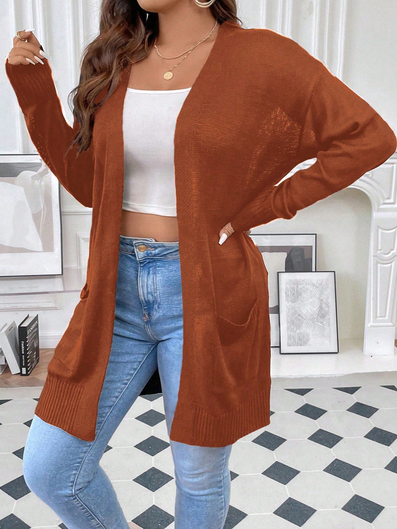 Frenchy Plus Dual Pocket Drop Shoulder Open Front Cardigan