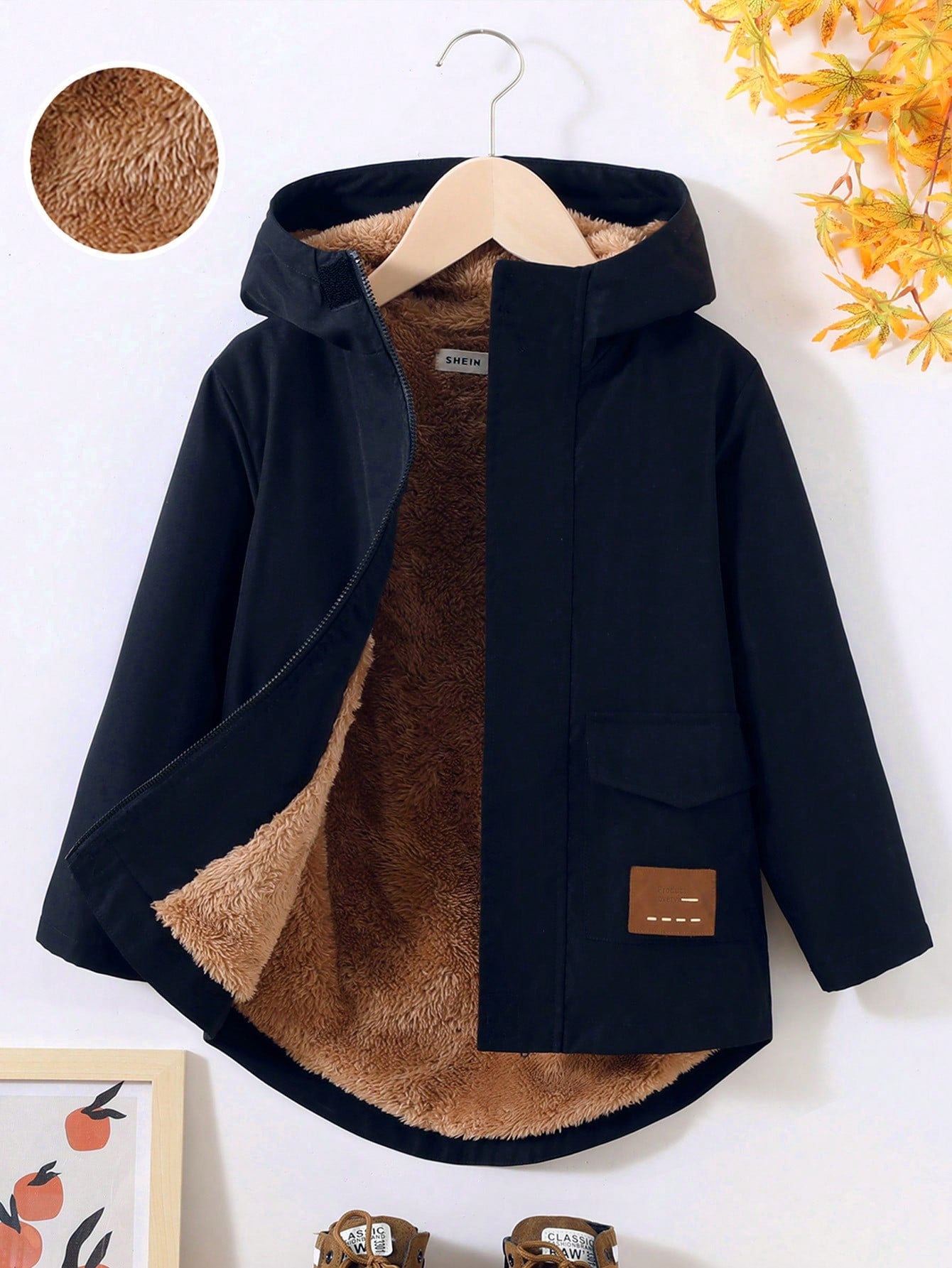 Young Boy Casual Solid Color Teddy Bear Lined Hooded Jacket With Mix-matched Letter Patchwork And Zipper Pocket Detail For Fall And Winter (thick And Warm)