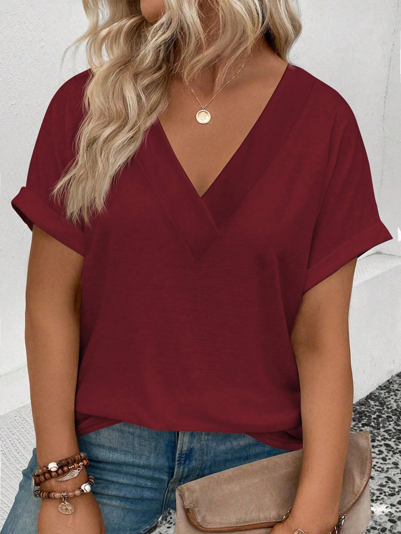 Summer Casual V-Neck Turn-Up Cuff Solid Color Plus Size T-Shirt