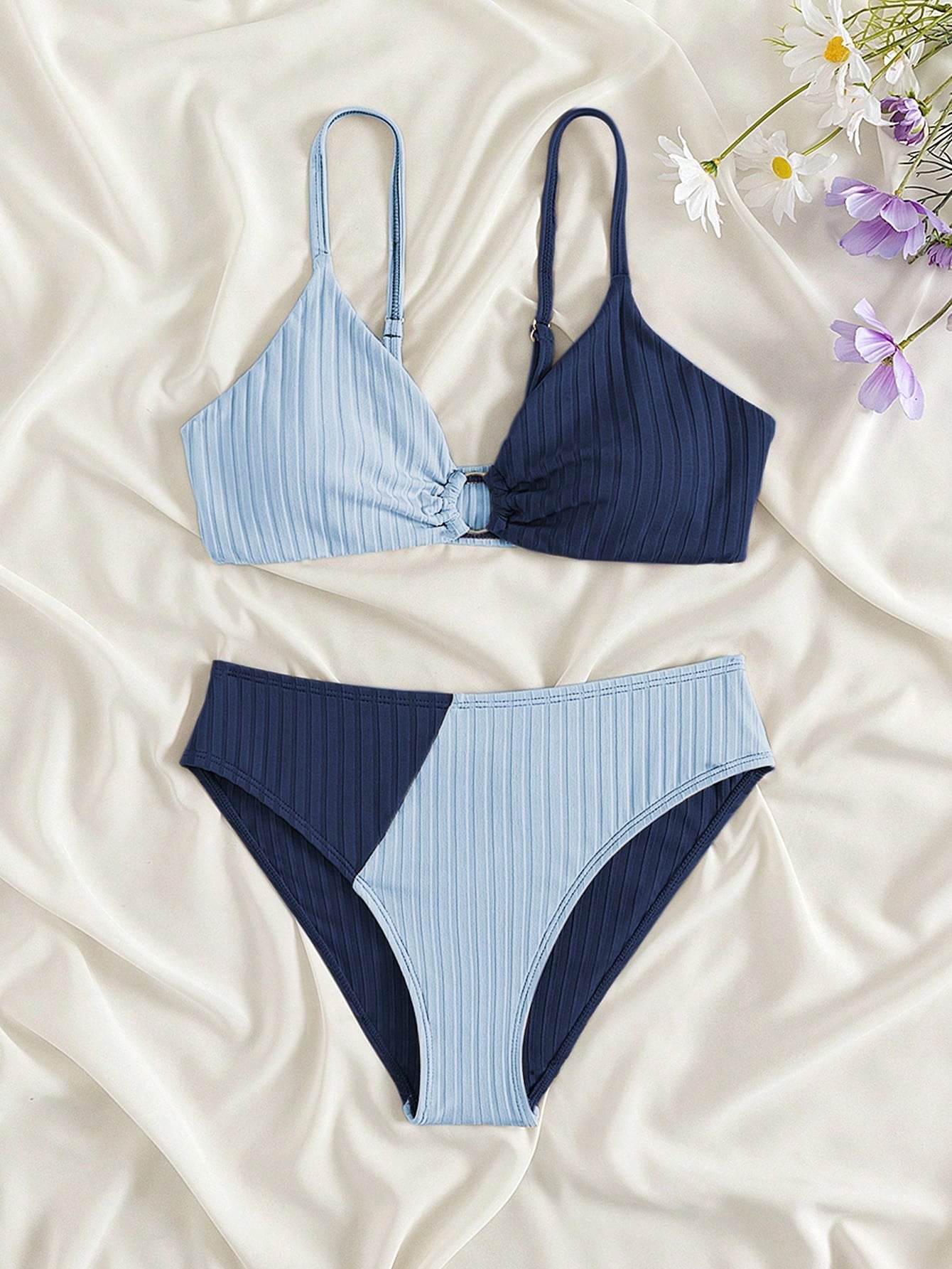 Teen Girls Two Tone Ring Detail Ribbed Knit Bikini Set Summer Beach