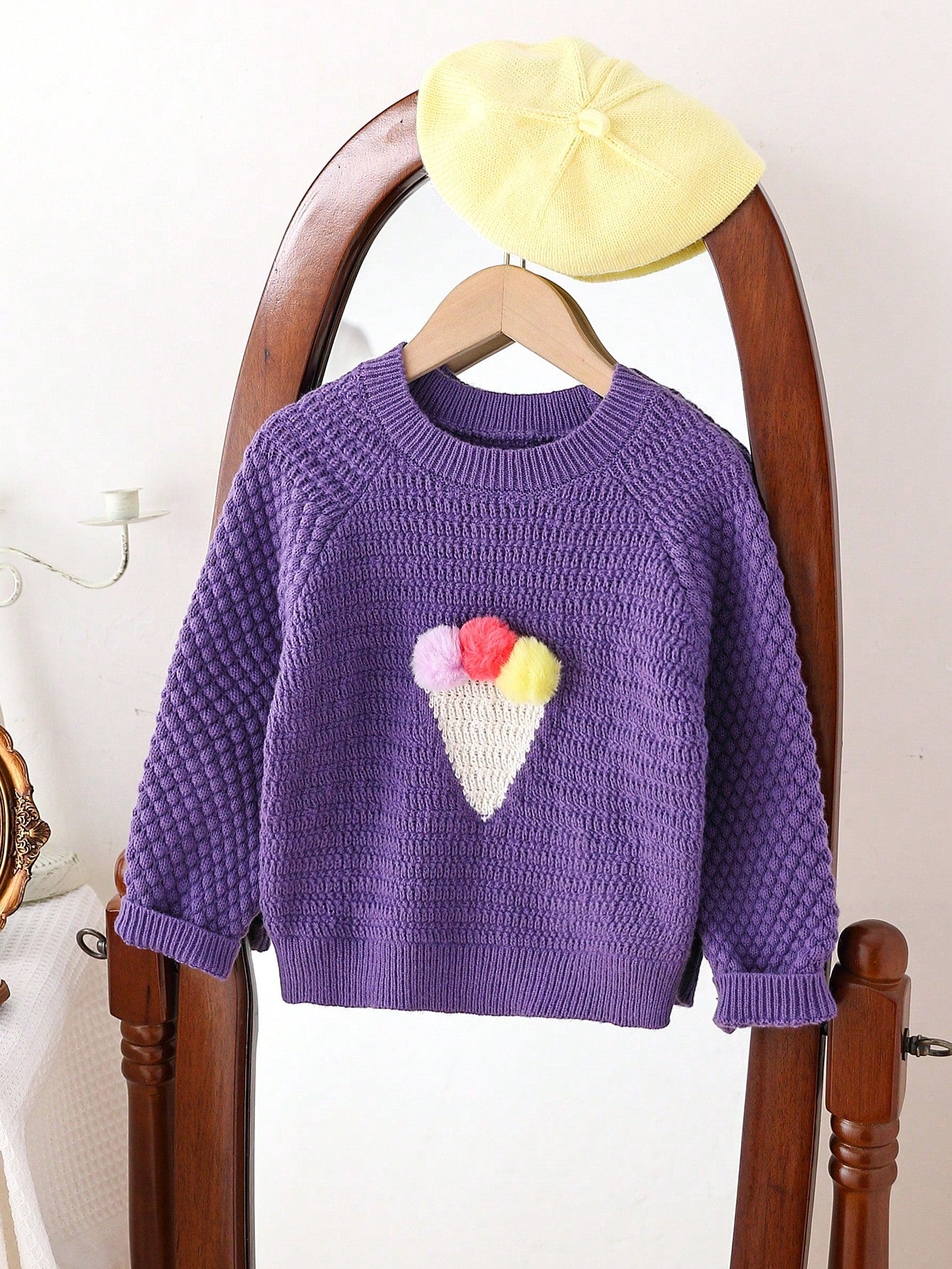 Young Girls' 3D Plush Ice Cream Decor Crew Neck Long Sleeve Sweater