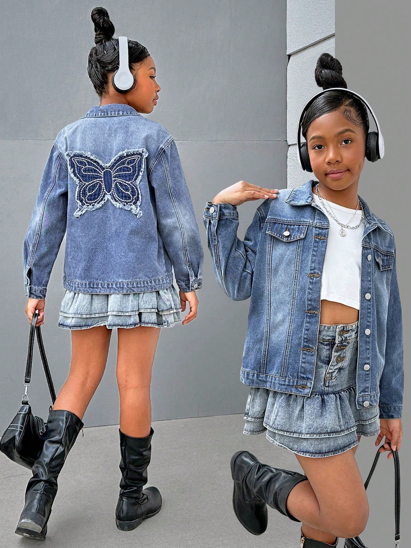 Tween Girls' Y2K Trending Stonewashed Dropped Shoulder Blue Denim Jacket With Butterfly Embroidery Patch,Kids Back To School Streetwear Outfits