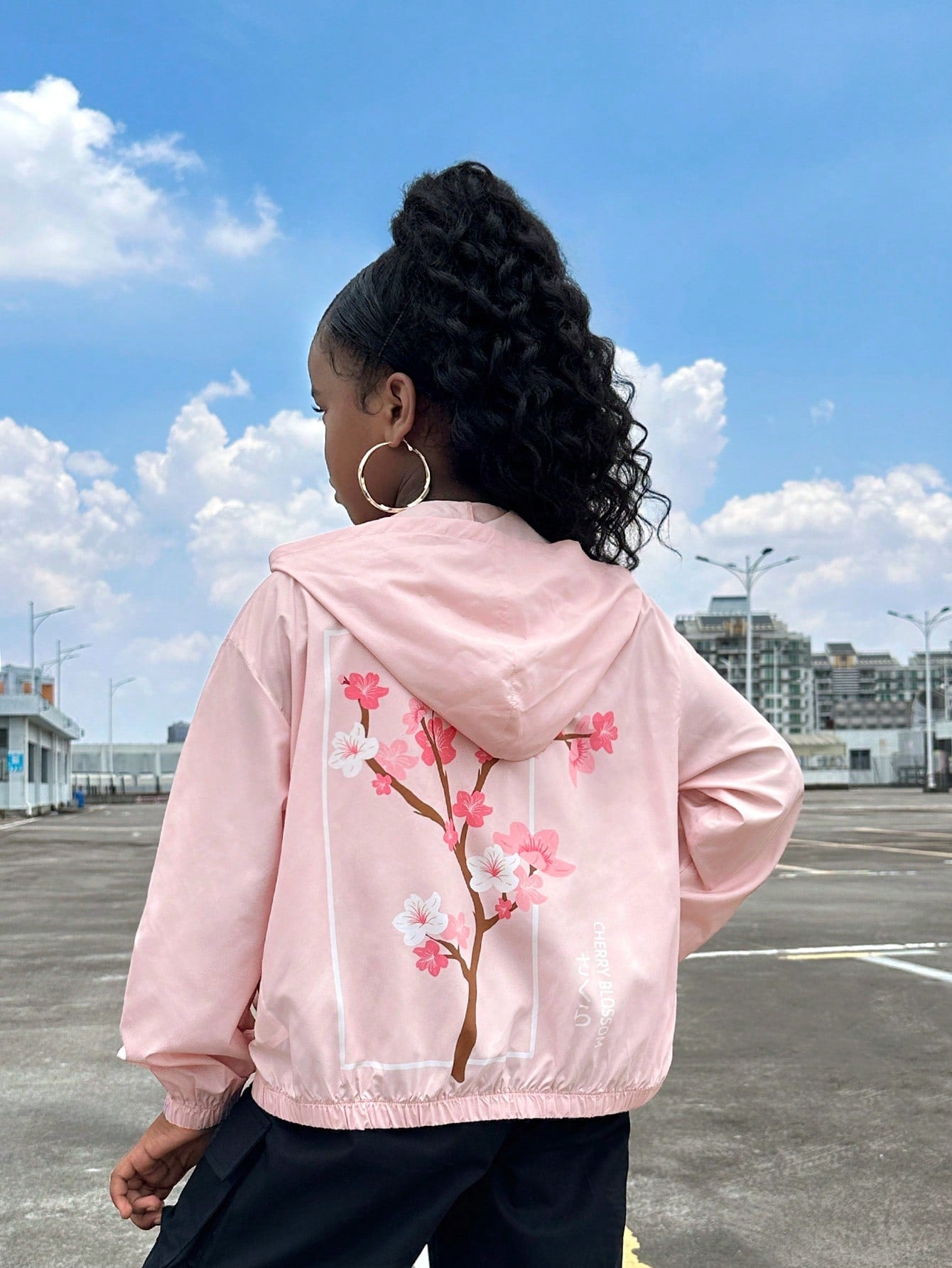 Tween Girls Oversized Casual Floral & Letter Print Hooded Jacket