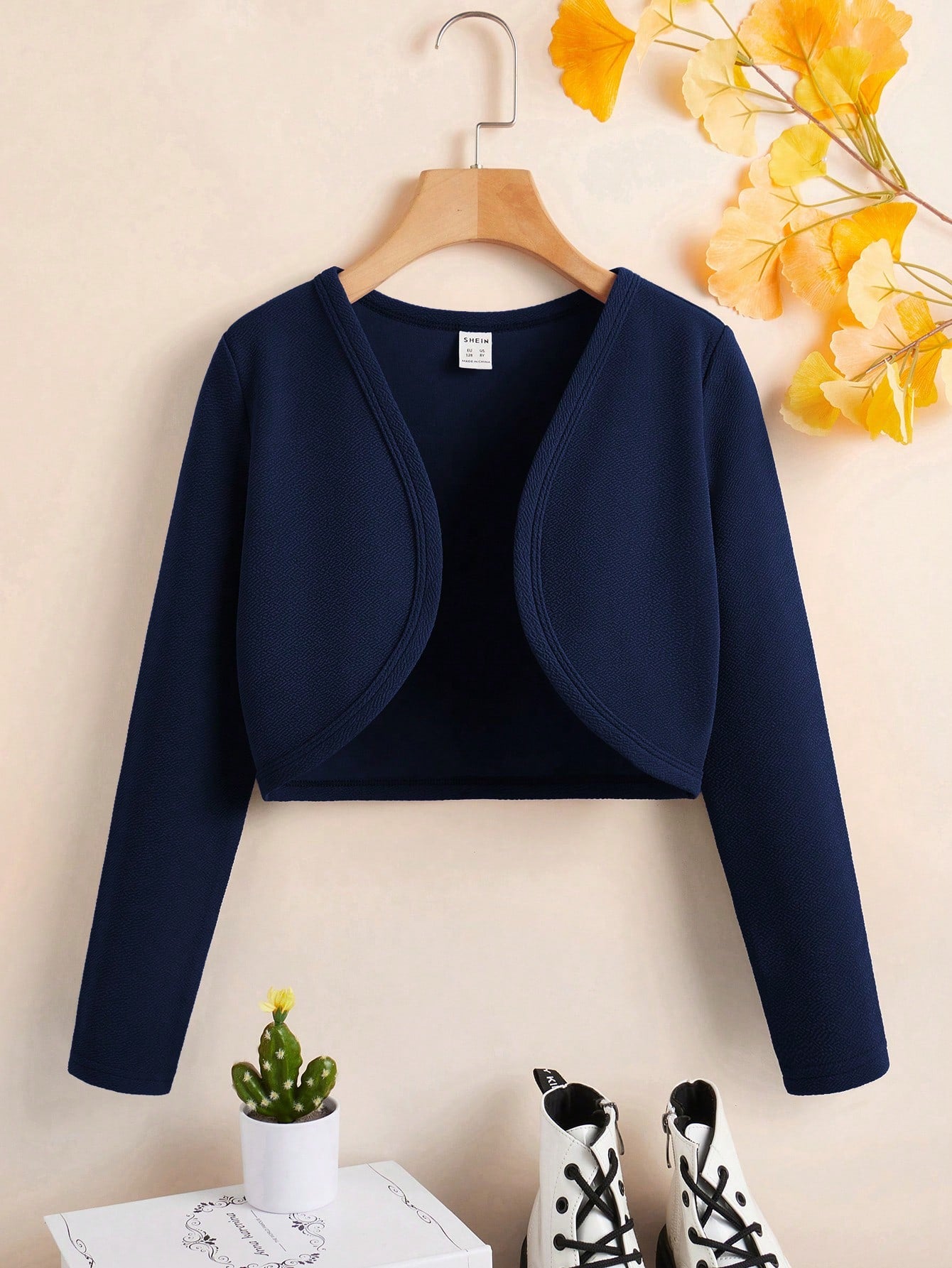 Tween Girl Solid Color Casual Shortened Long Sleeve Jacket, Suitable For Spring And Autumn, Open Front Cardigan