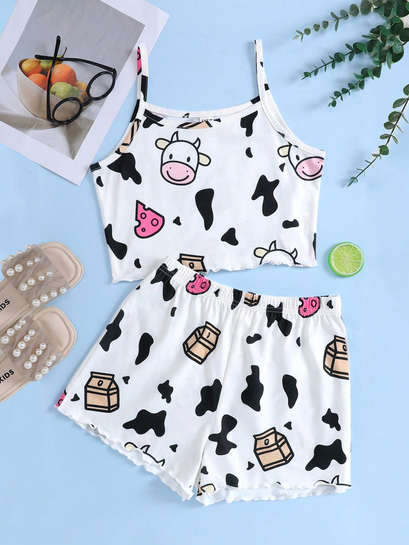 Tween Girl Knitted Wide Leg Pajamas Set, Cow Print Tank Top & Shorts, Summer