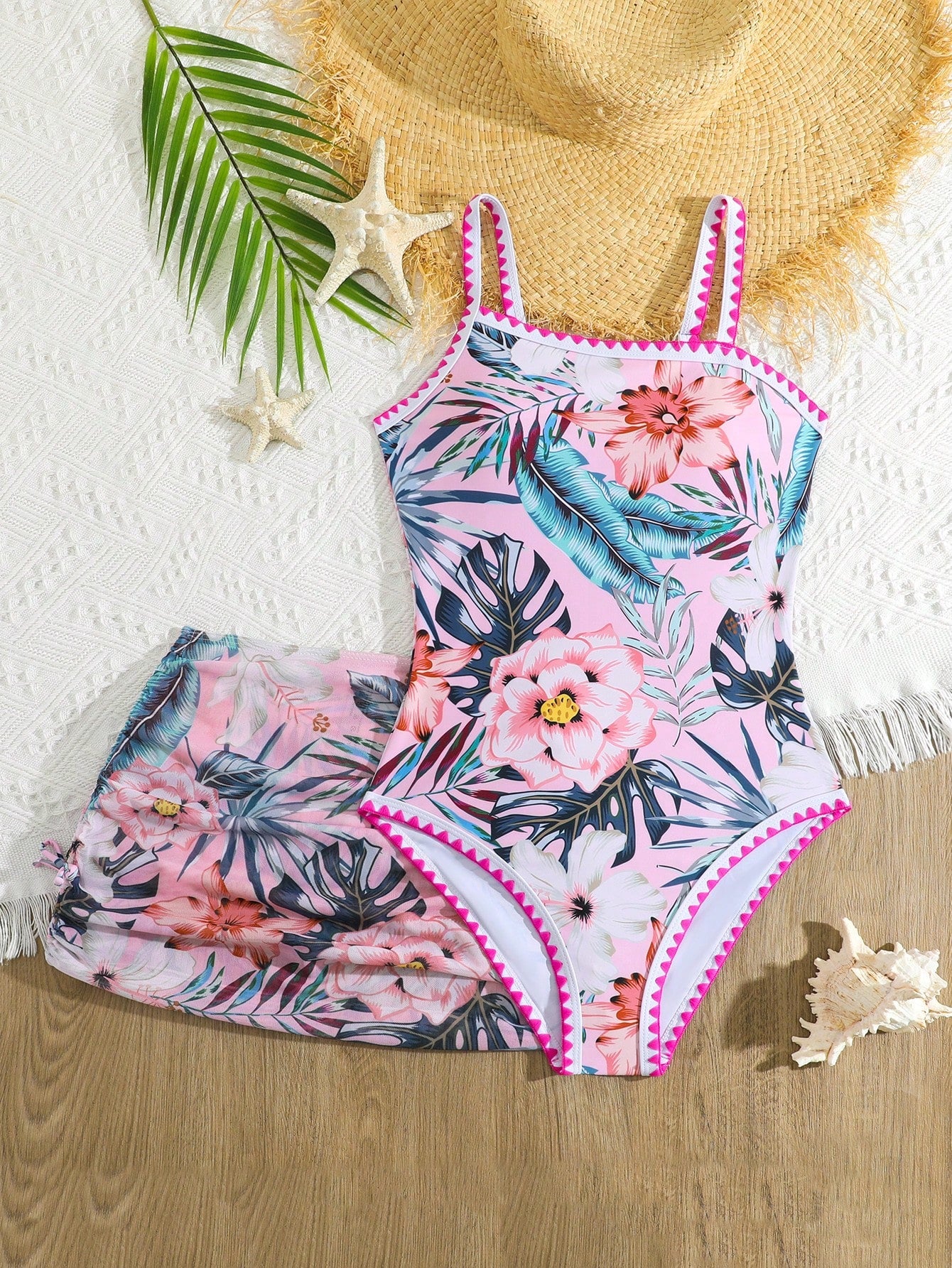 Teen Girl Tropical Print One Piece Swimsuit With Spaghetti Straps And Skirt Cover Up, Random Print