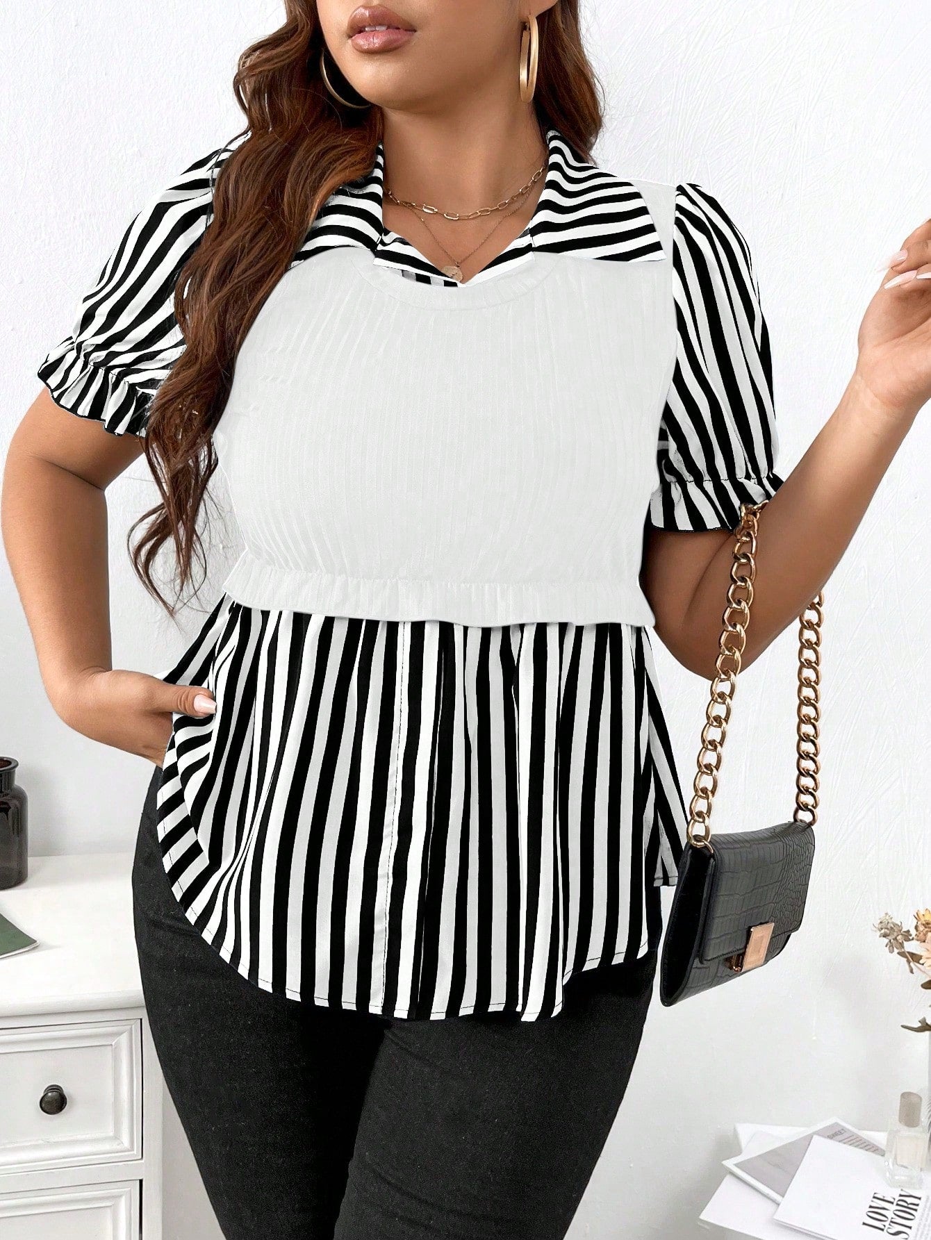 Plus Striped Print Puff Sleeve Peplum Top