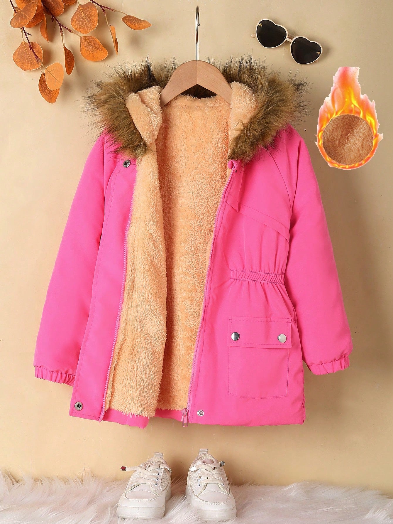 Young Girl Casual Simple Hooded Raglan Sleeve Waist Pocket Thick Warm Windproof Fleece Lined Padded Coat Winter