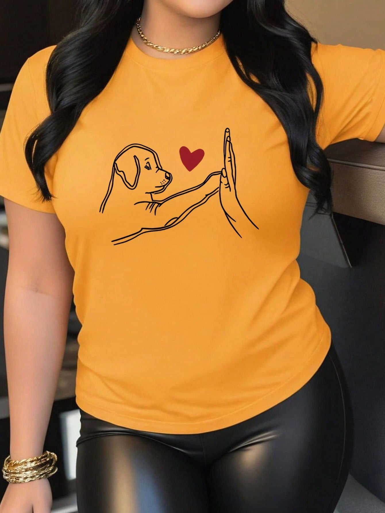 Dog & Heart Printed T-Shirt, Cute Cartoon Dog Printed Shirt, Round Neck Short Sleeve Top For Women, Summer Casual