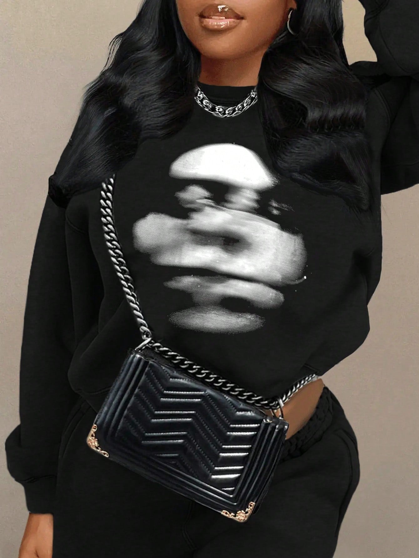 Face Printed Crew Neck Casual Sweatshirt