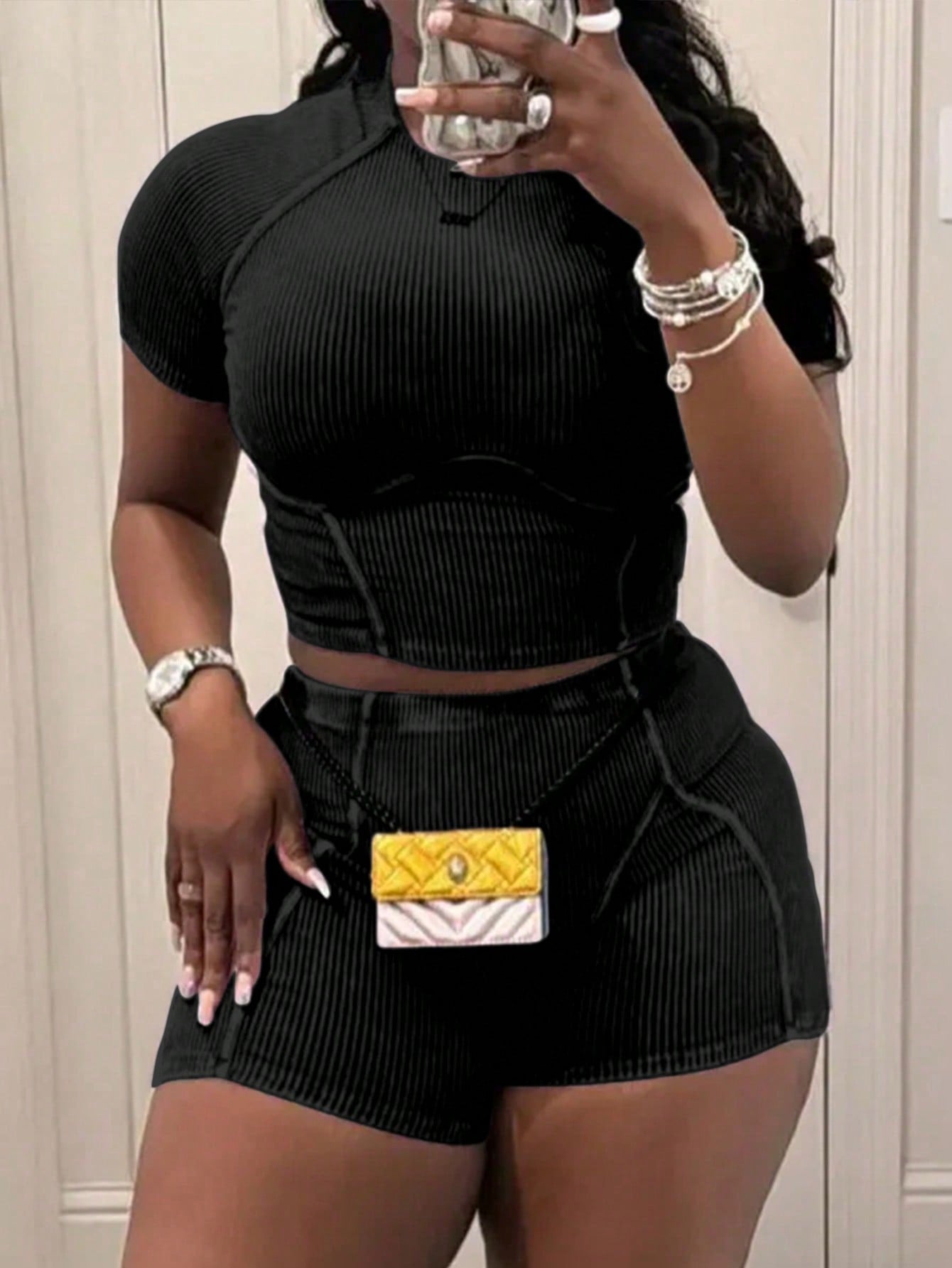 Summer Black Tight-Fitting Sexy Crop Top And Shorts Set With Large Round Neck Short Sleeve ,2 Piece Sets