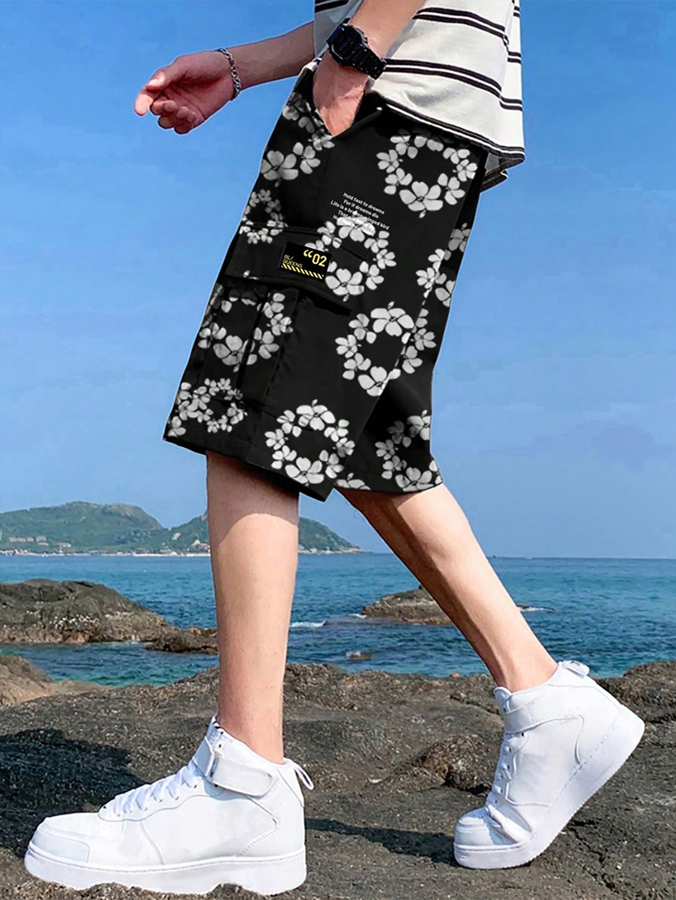 Tween Boy 1pc Casual Sports Outdoor Pocket Fashion English Letter Printed Utility Short, Spring/Summer