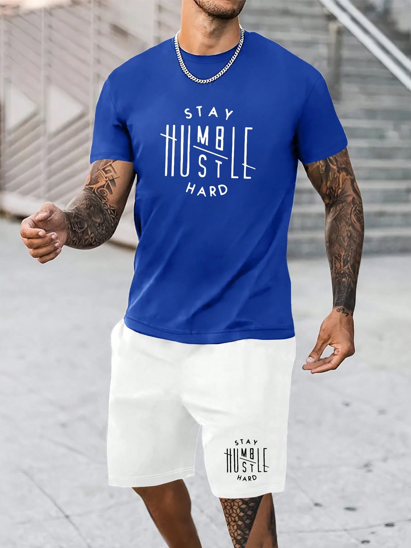 Men's Letter Printed T-Shirt And Drawstring Waist Shorts Set