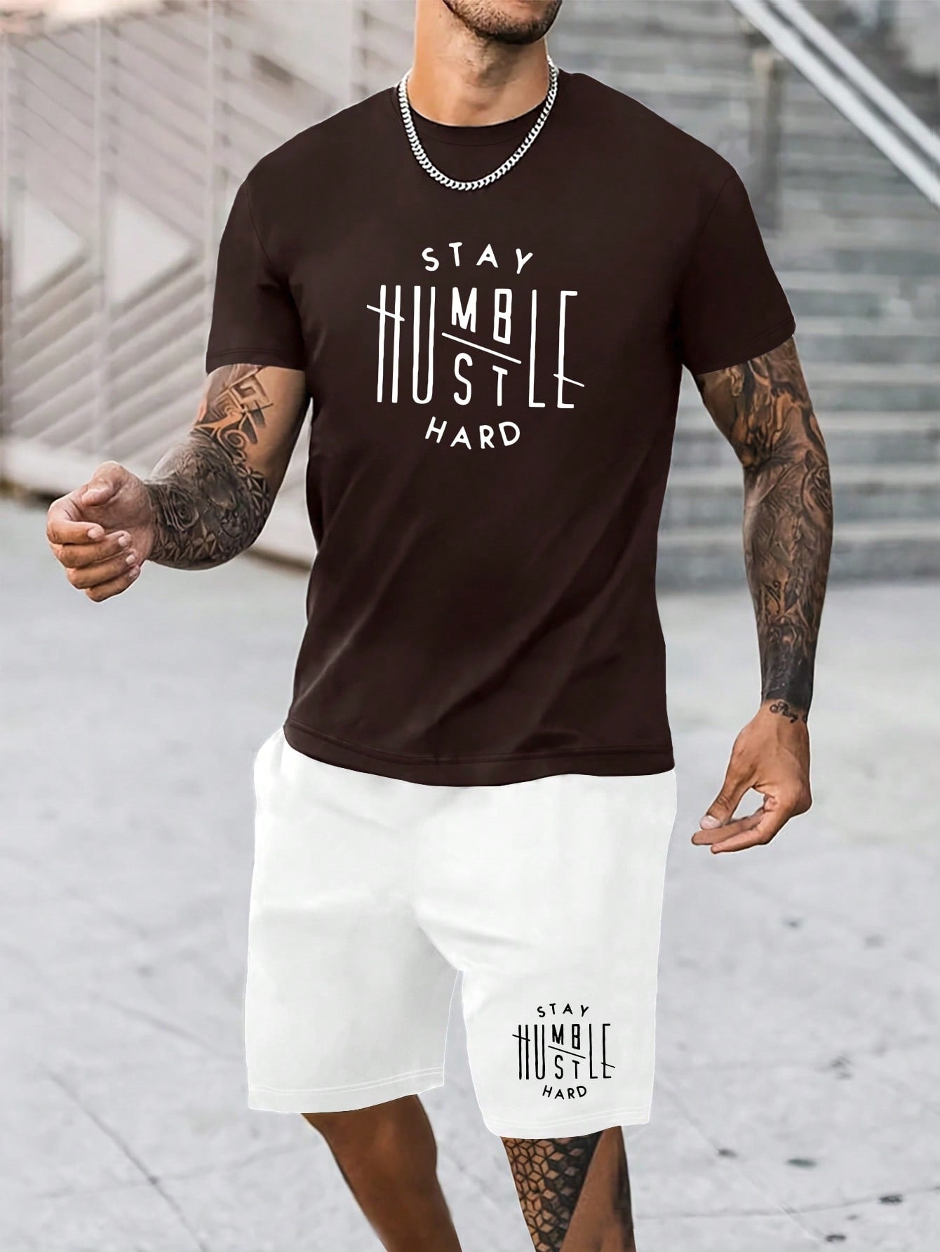 Men's Letter Printed T-Shirt And Drawstring Waist Shorts Set