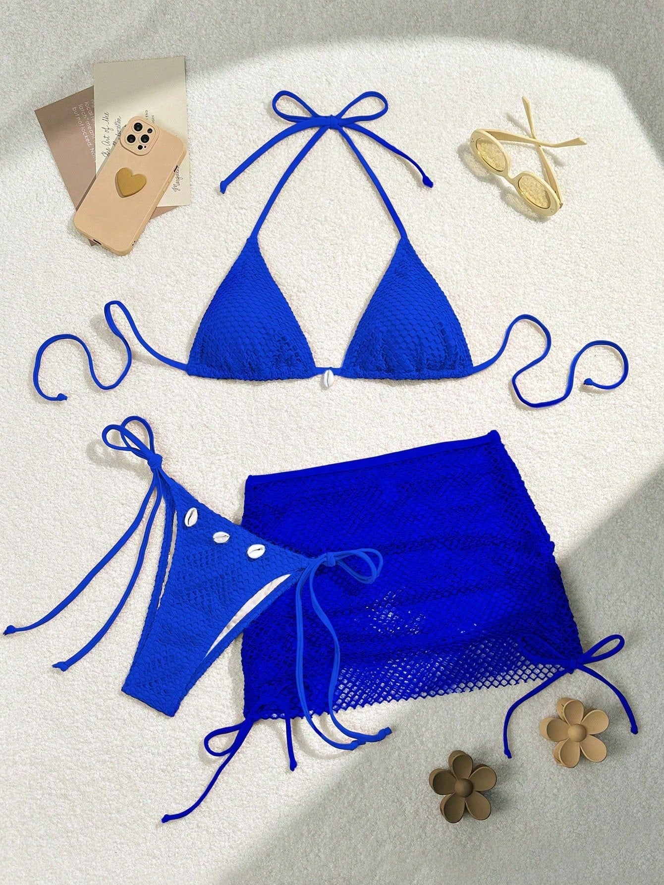 Shell Decor Halter Bra & Swim Bottom & Cover Up Skirt Bikini Set, Summer Beach Bathing Suit