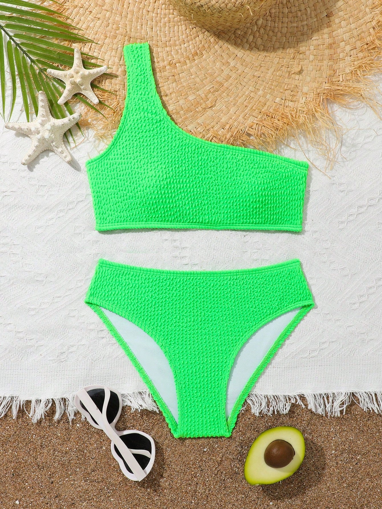 Tween Girl Plain One Shoulder Bikini Set Summer Beach