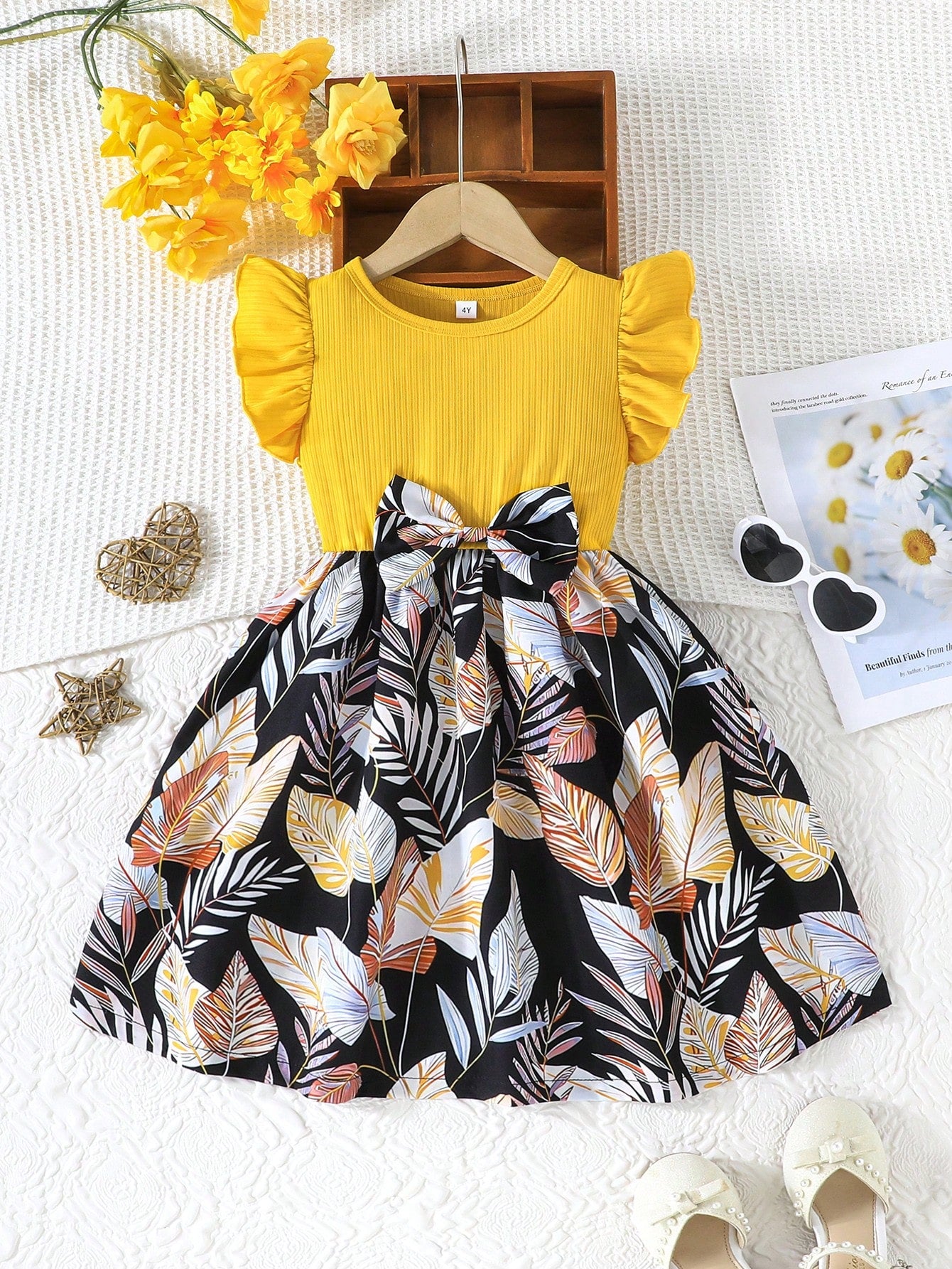 Young Girl Summer Casual Dress With Ruffled Sleeves, Bow And Rose Print